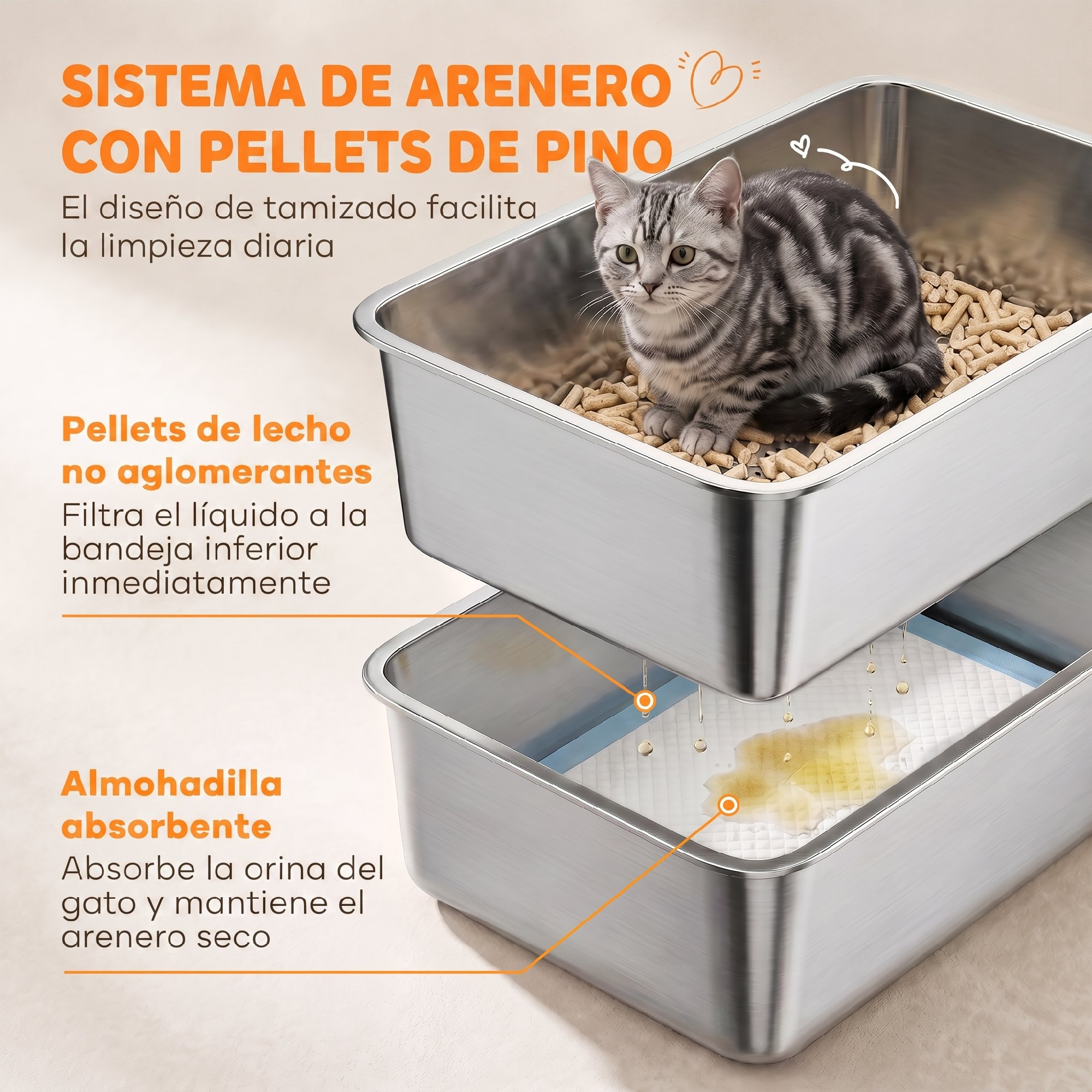 Un gato gris se sienta en una bandeja de arena de acero inoxidable con pellets de pino sobre un pañal.