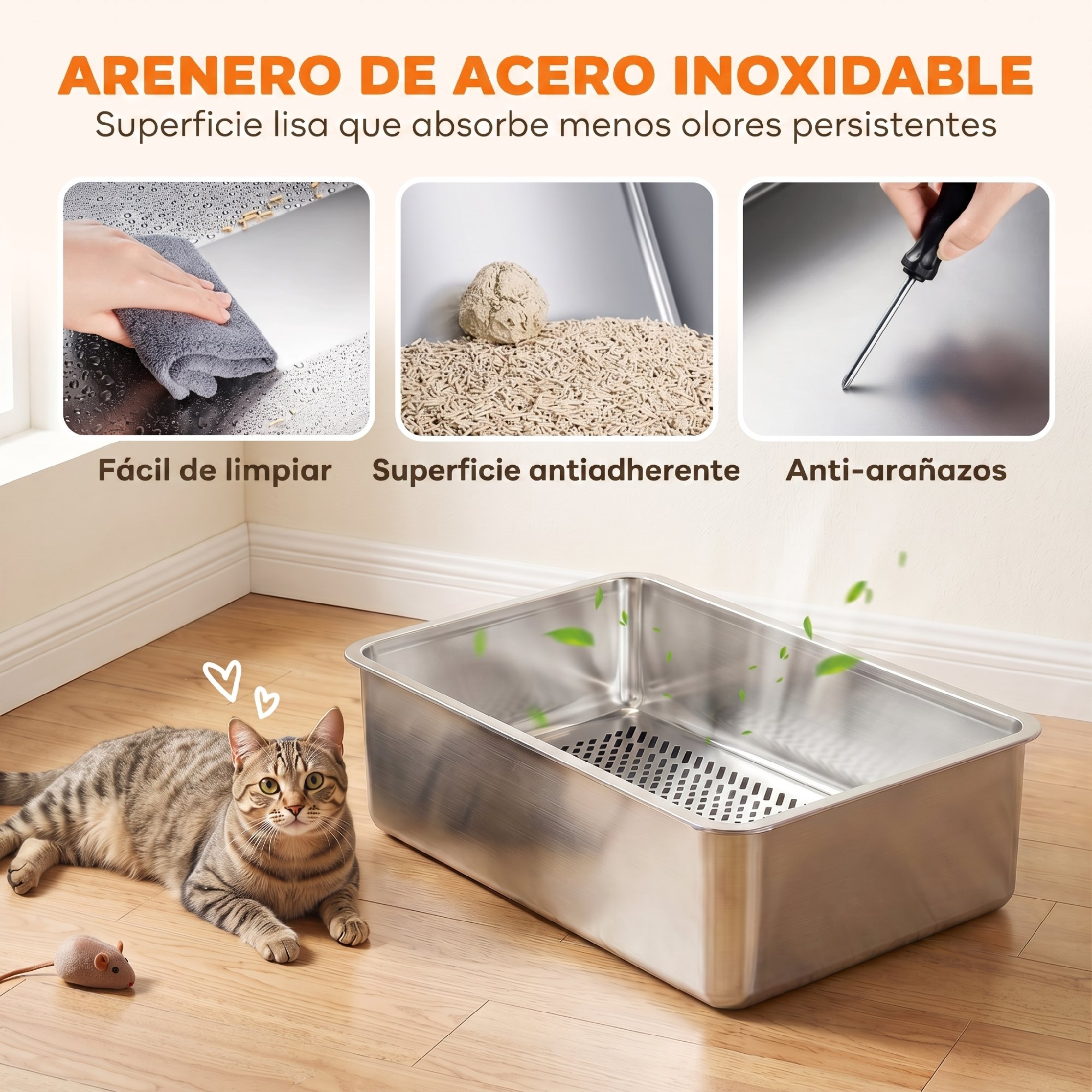 Arenero de acero inoxidable con tres paneles que muestran limpieza facil, superficie antiadherente y anti-aranazos.