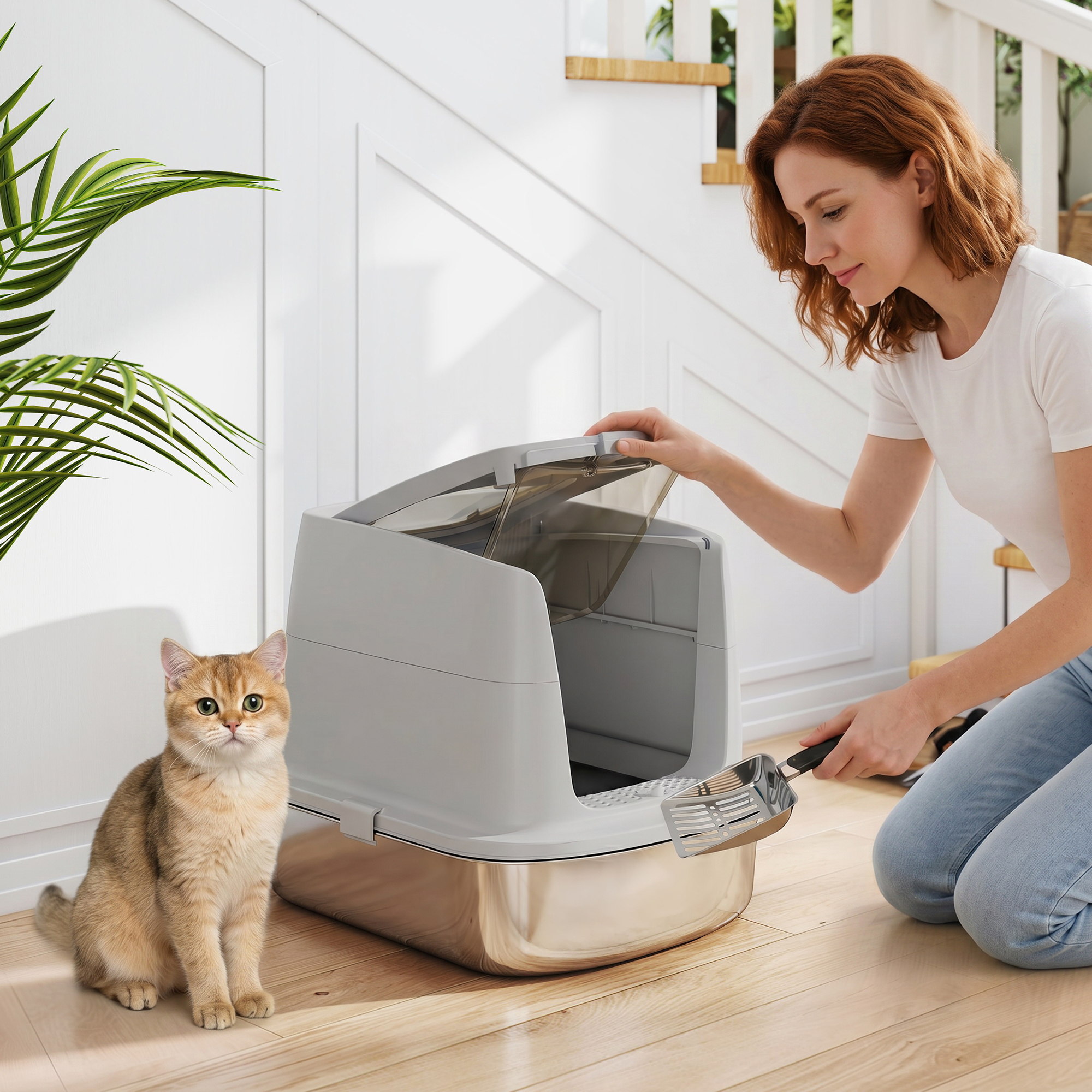 Una mujer abre un arenero para gatos gris con una pala mientras un gato observa.