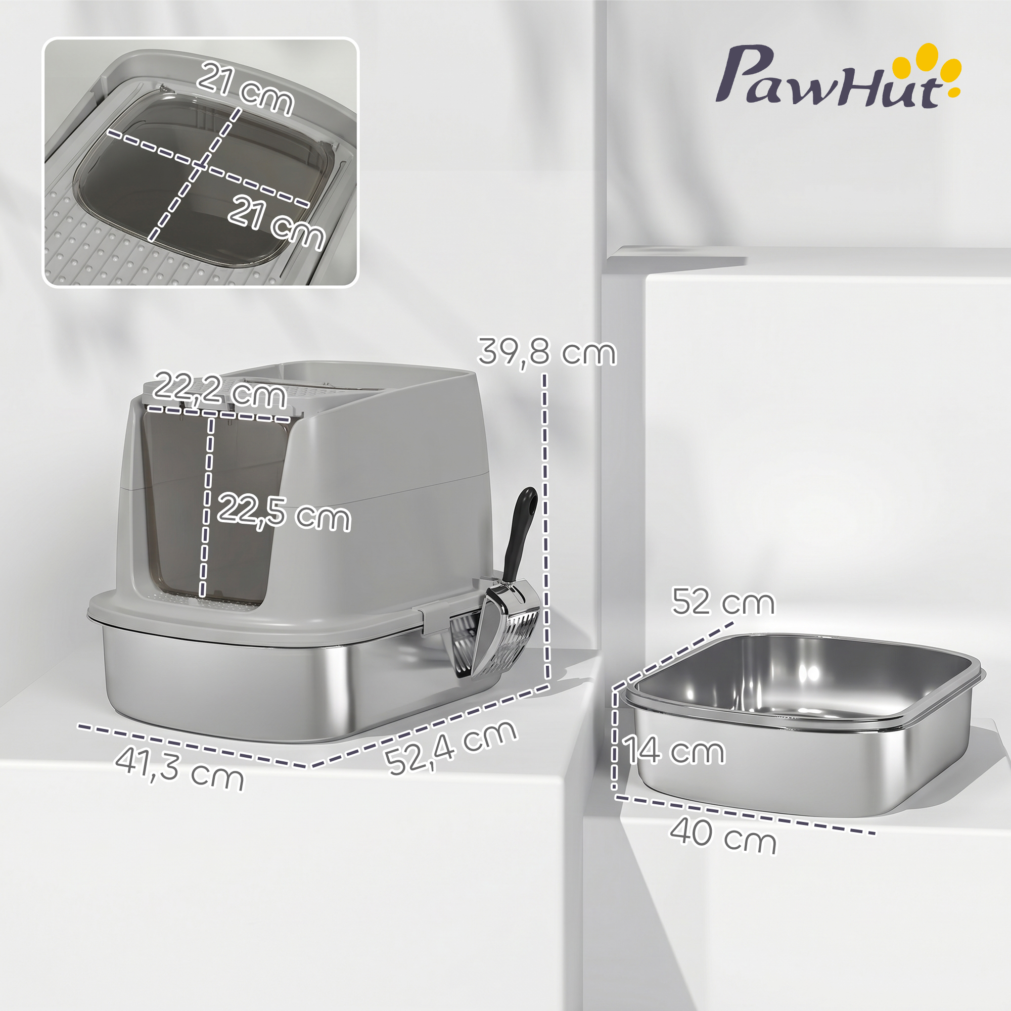 Caja de arena para gatos gris PawHut con cubeta de acero inoxidable y medidas.
