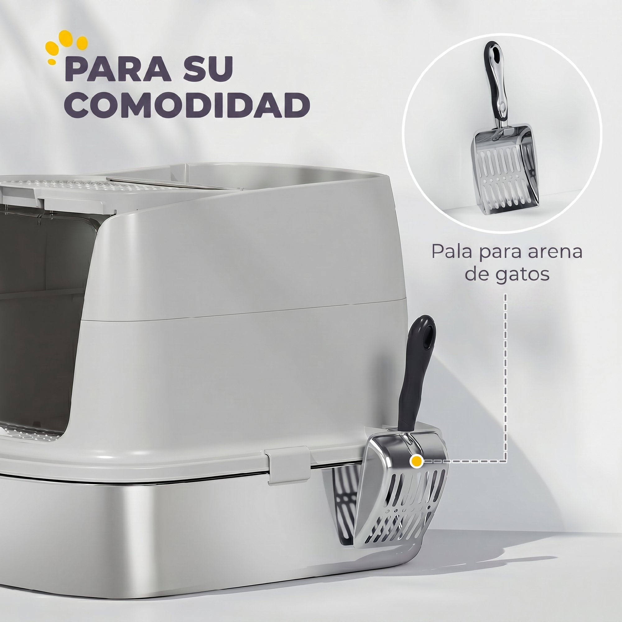 Caja de arena para gatos gris con pala de acero inoxidable.
