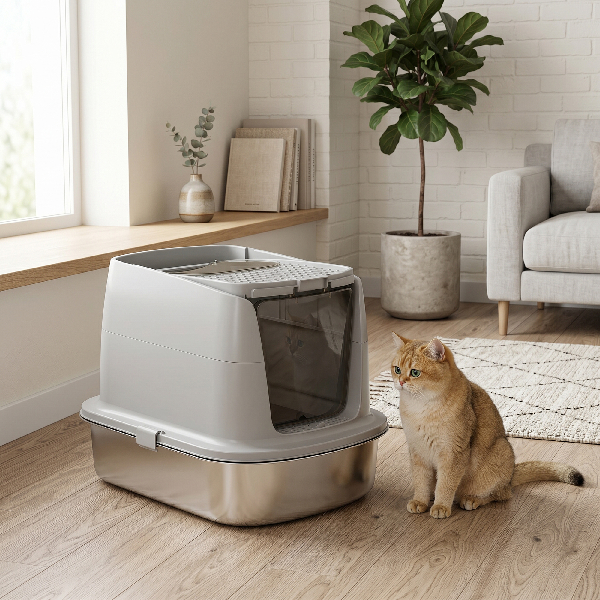 Un gato rayado dorado se sienta en el suelo de madera junto a un moderno arenero gris en una habitación luminosa.