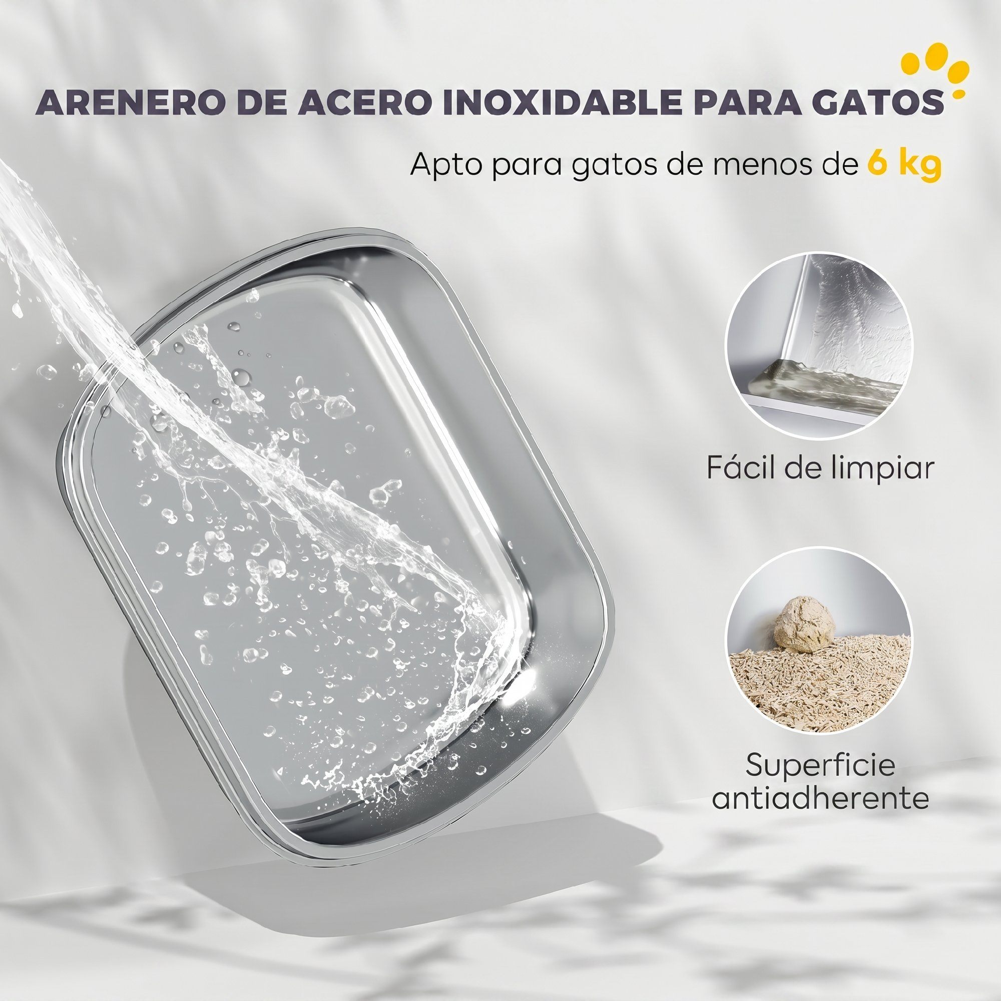 Arenero de acero inoxidable para gatos con agua, fácil de limpiar y superficie antiadherente.
