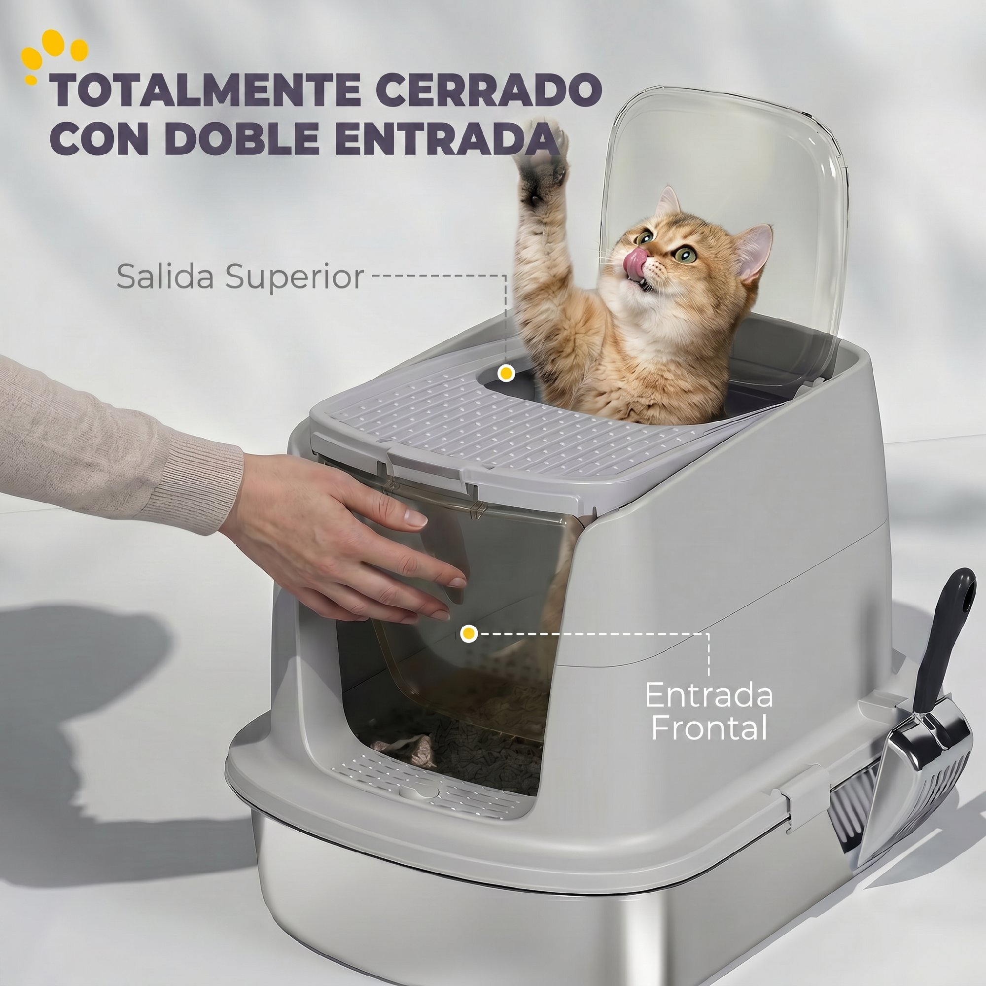 Un gato dentro de un arenero cerrado gris con entrada superior y frontal.