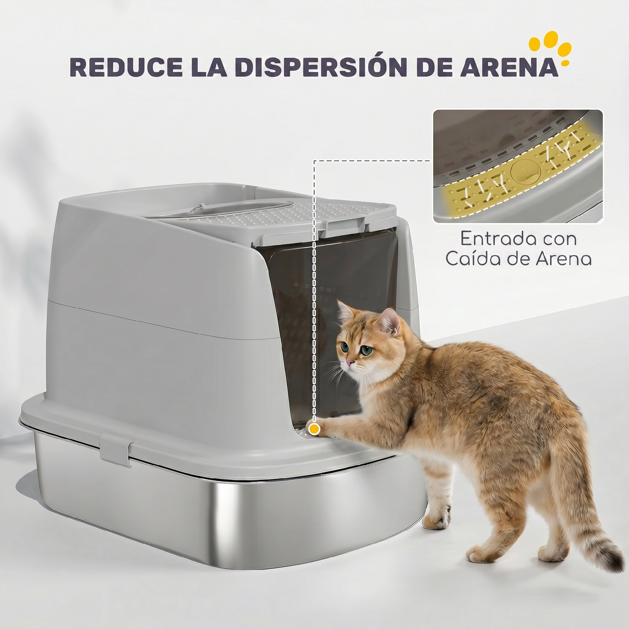 Un gato entra en una bandeja sanitaria gris cubierta con base de acero inoxidable.