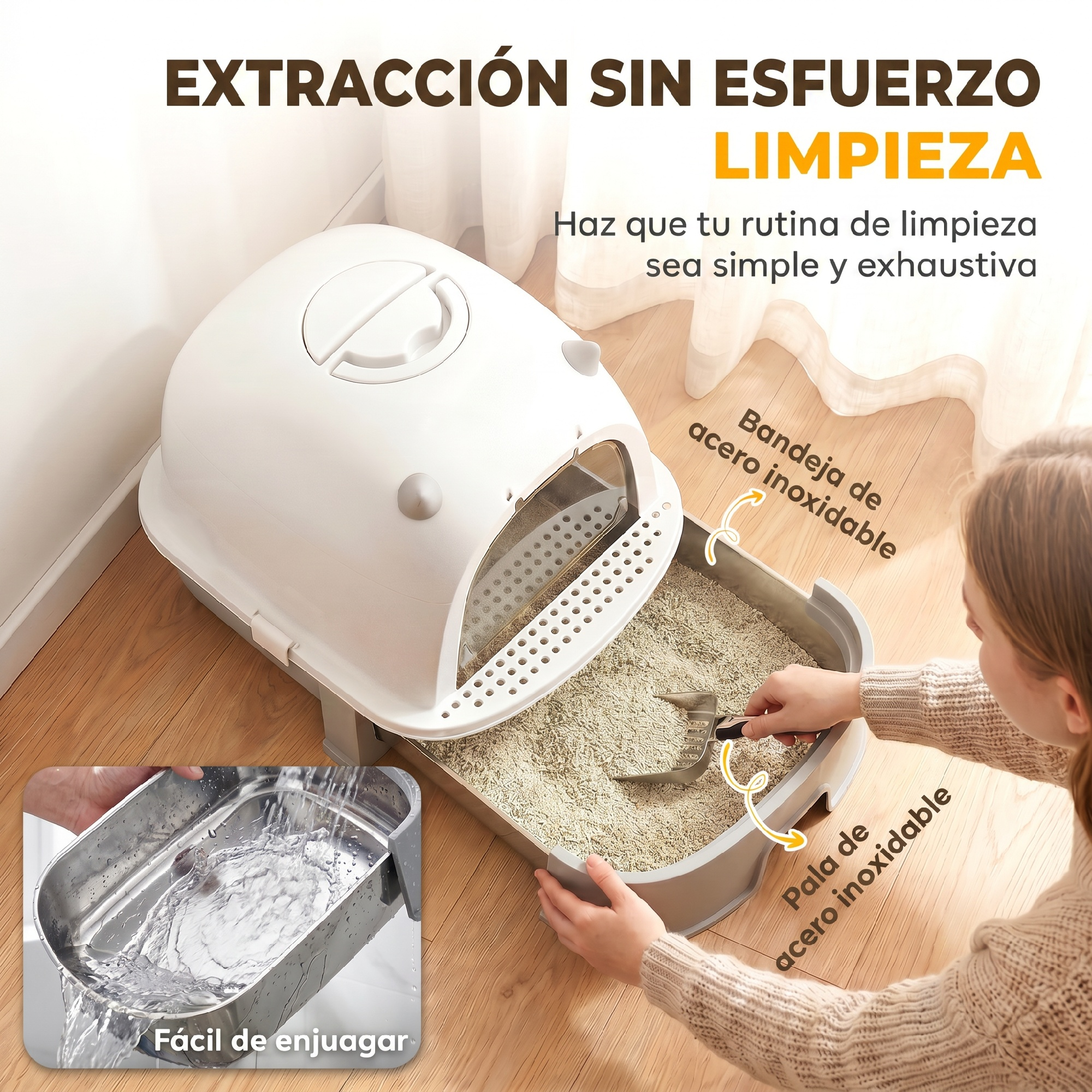 Una mujer limpia un arenero para gatos moderno con bandeja de acero inoxidable y texto explicativo.