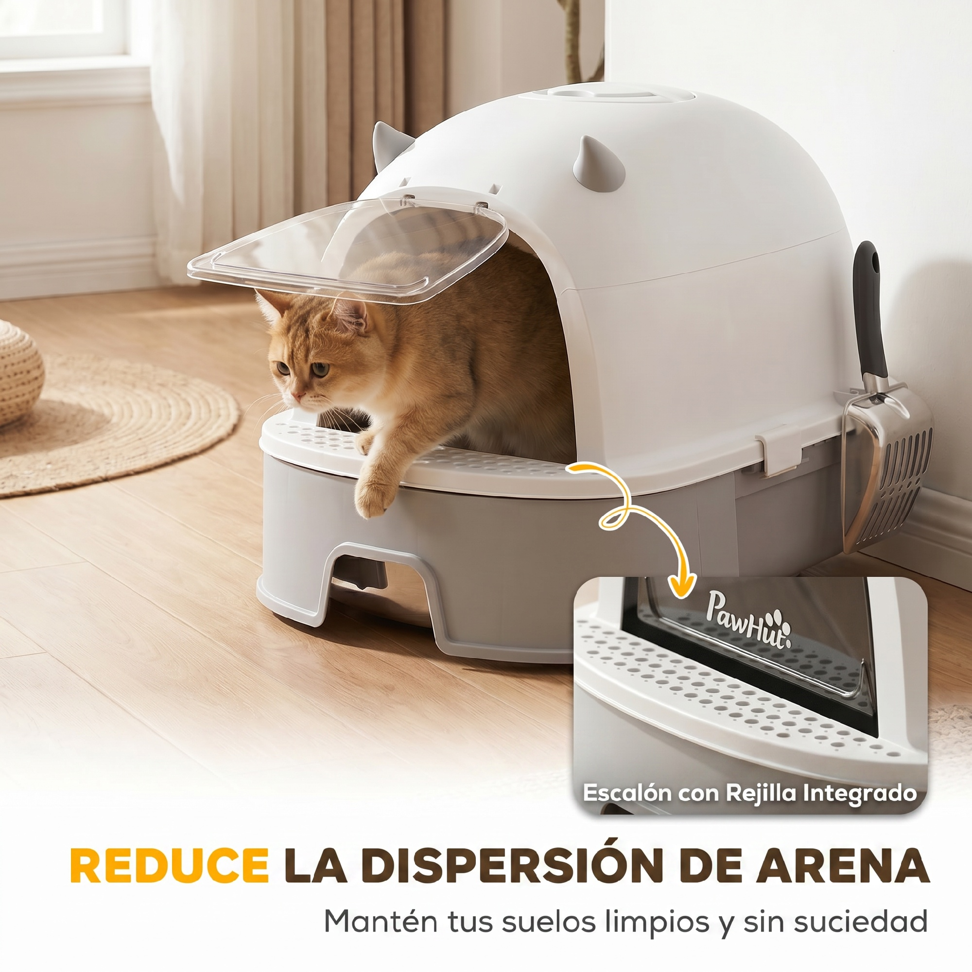 Un gato sale de un arenero cerrado blanco y gris con escalón de rejilla integrado y pala.