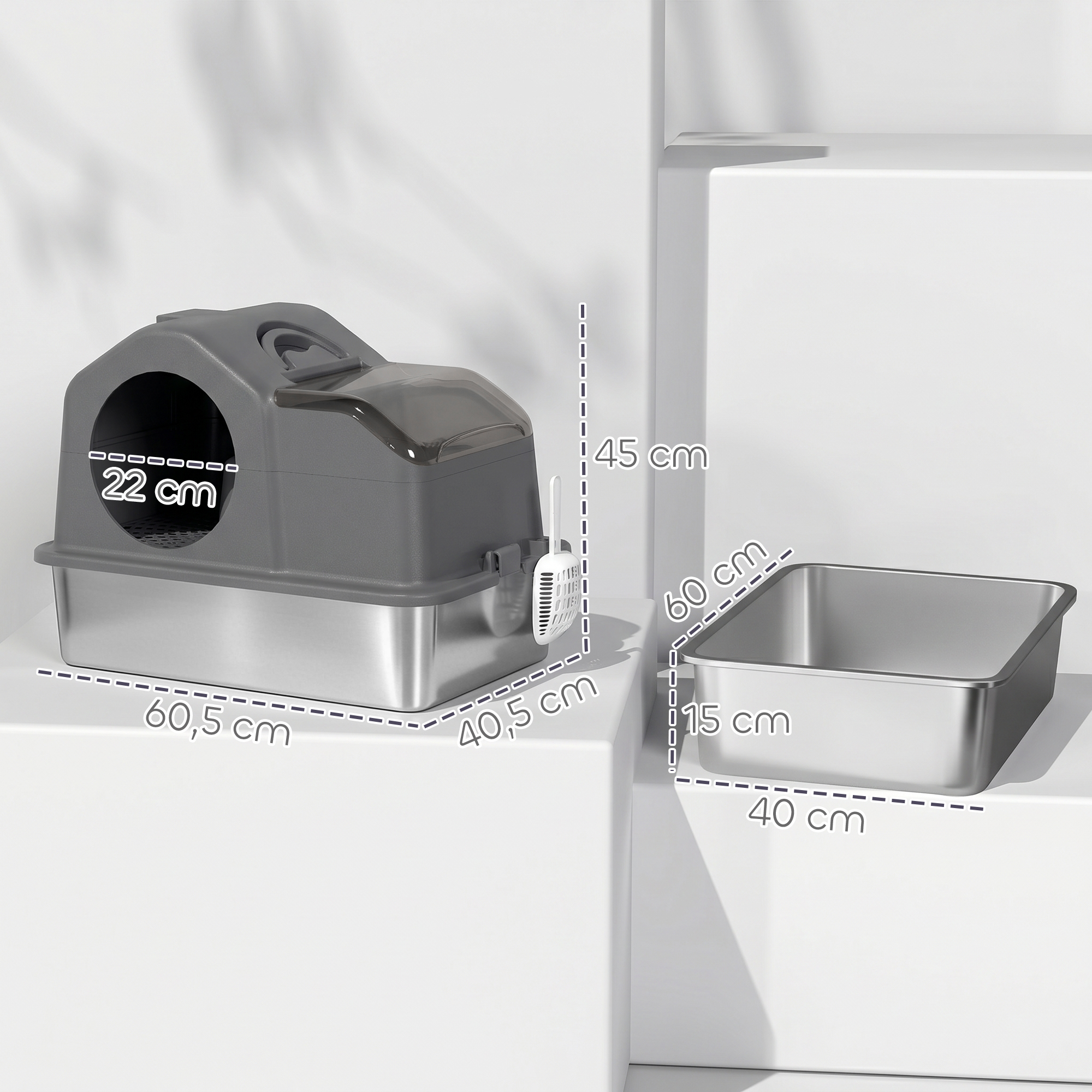 Arenero para gatos gris cubierto con base de metal y dimensiones sobre fondo blanco.