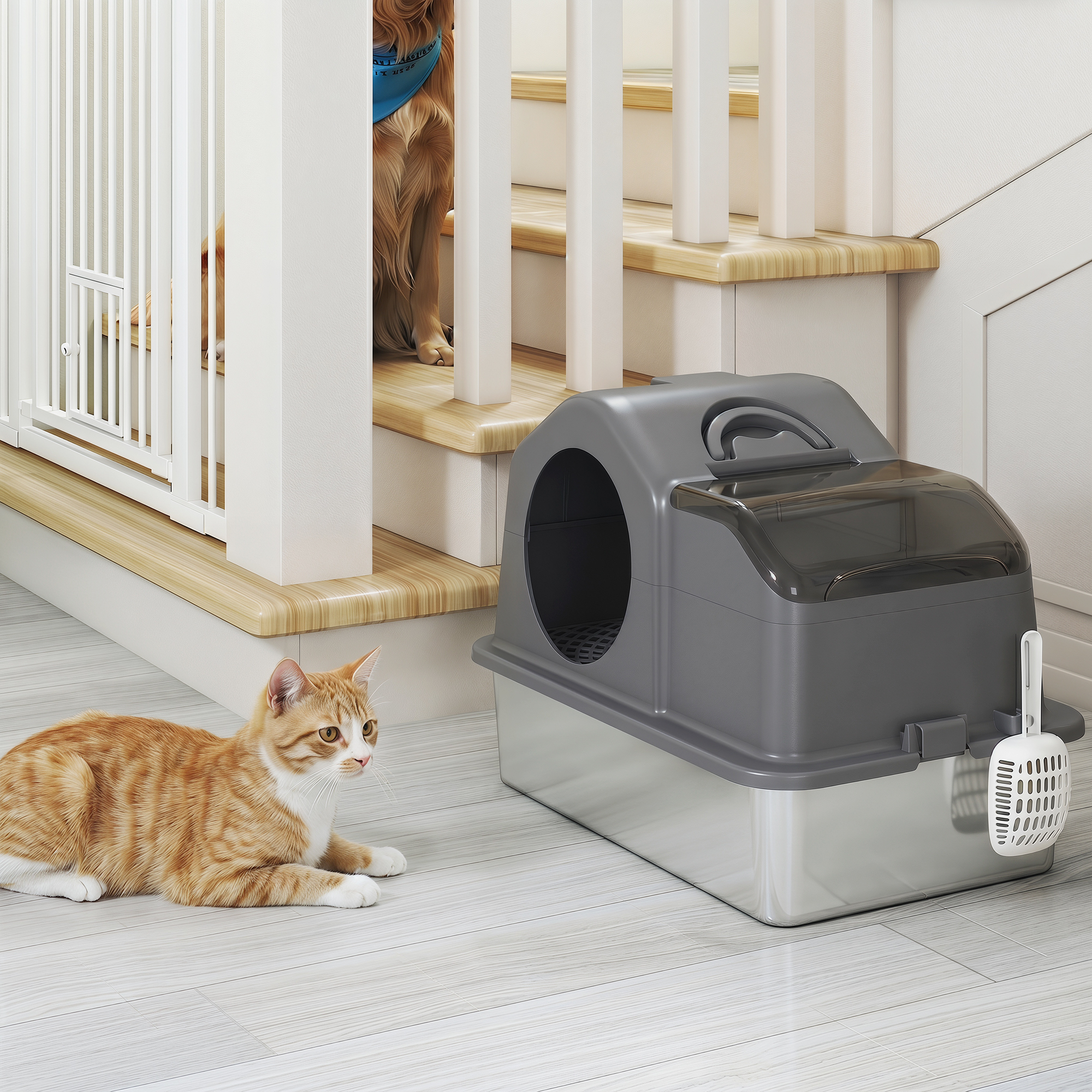 Un gato naranja y blanco está tumbado en el suelo junto a un arenero gris cerrado.