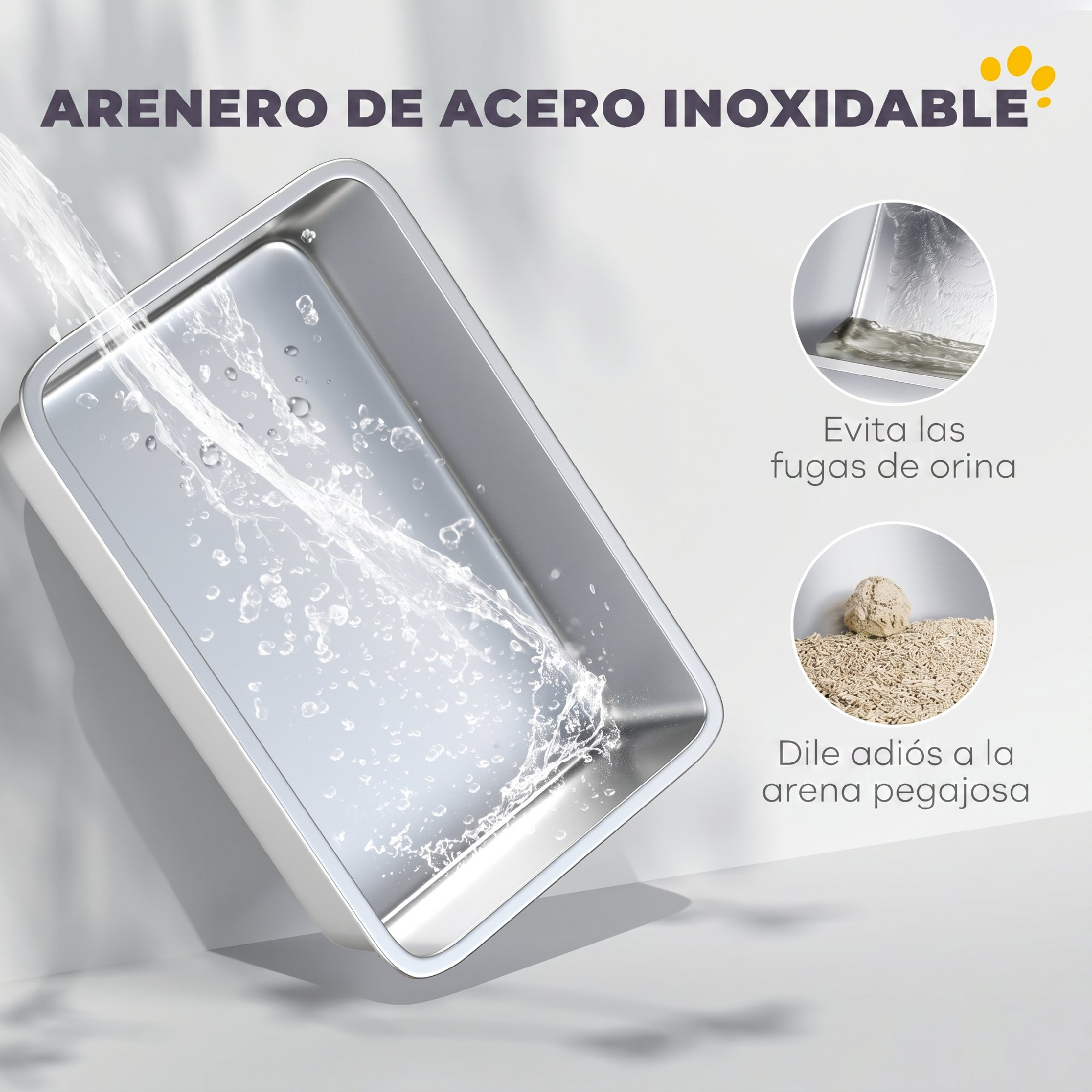 Caja de arena de acero inoxidable siendo lavada con agua y dos imágenes circulares pequeñas con características.