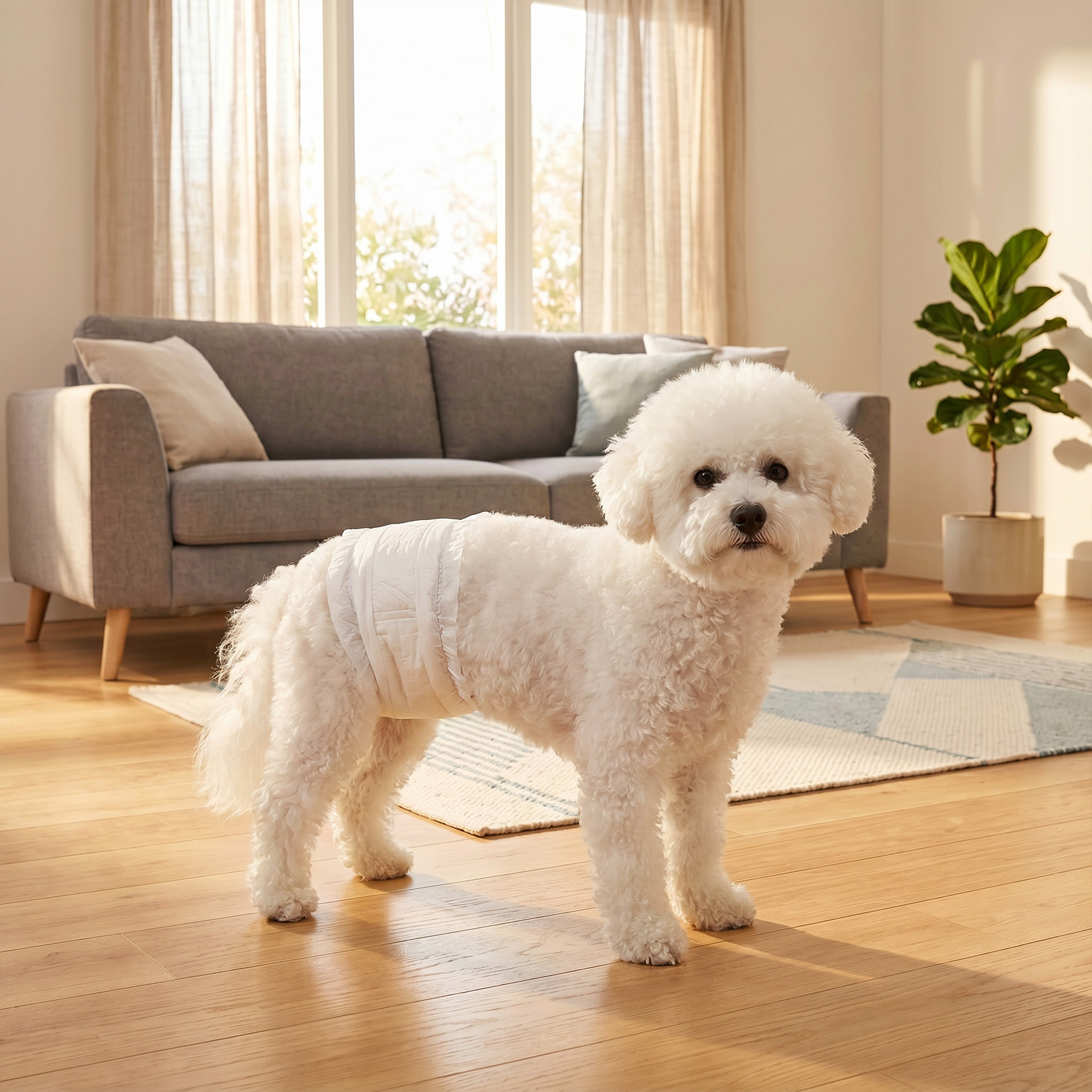 Un perro blanco y esponjoso con pañal está de pie en un suelo de madera en una sala luminosa.