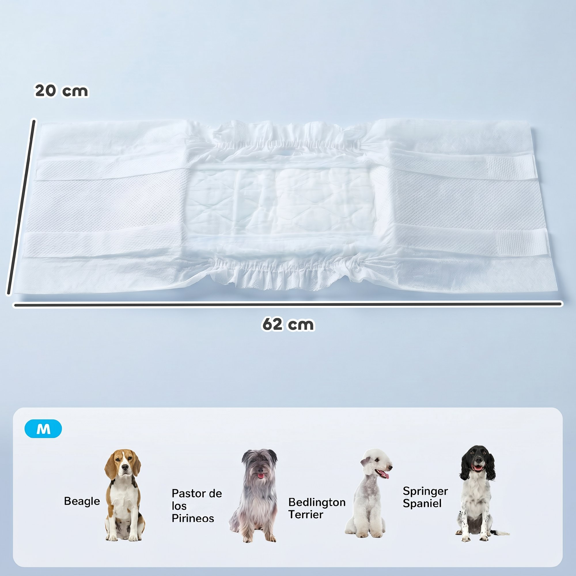 Pañal blanco para perros de 20x62 cm y tabla de tallas M con razas de perros.
