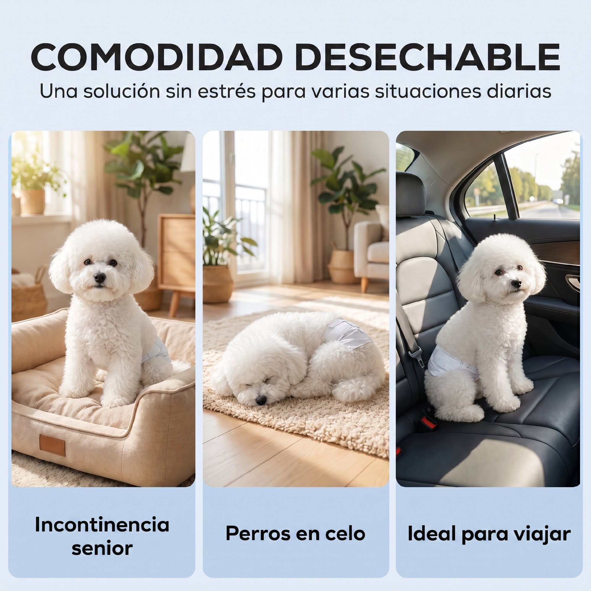 Tres paneles que muestran un perro blanco con pañal en una cama, durmiendo en una alfombra y en un coche.
