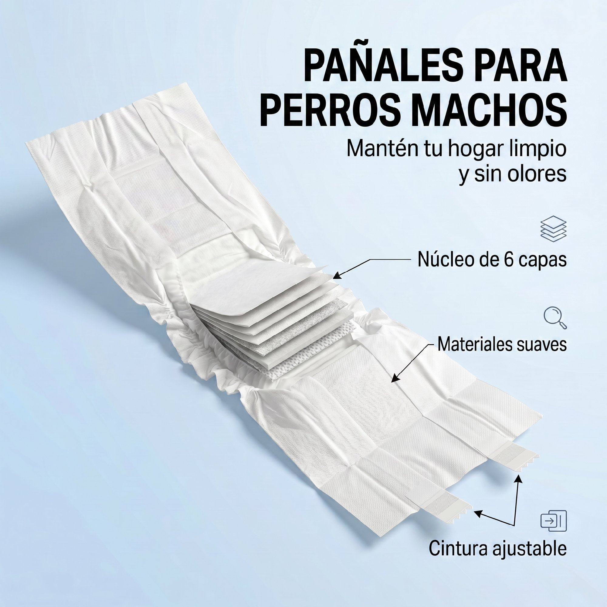 Pañal para perros machos con núcleo de 6 capas, materiales suaves y cintura ajustable sobre fondo claro.
