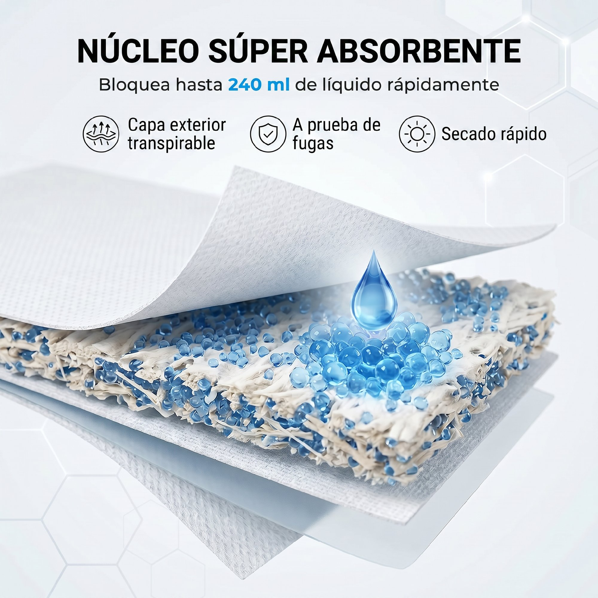 Un primer plano muestra un producto absorbente con perlas azules que absorben líquido.