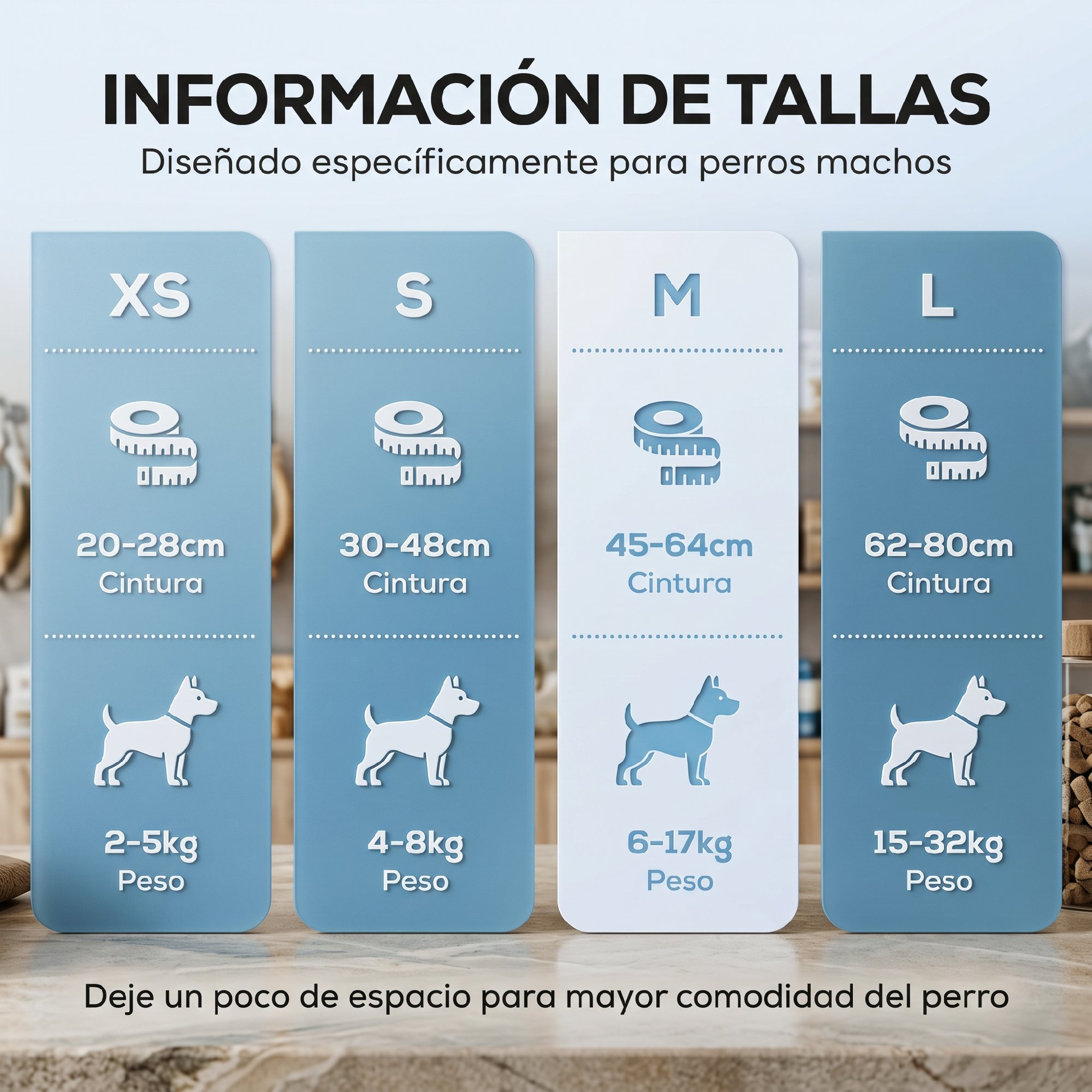 Tabla de tallas para perros machos con cuatro columnas de XS a L, indicando peso y cintura.