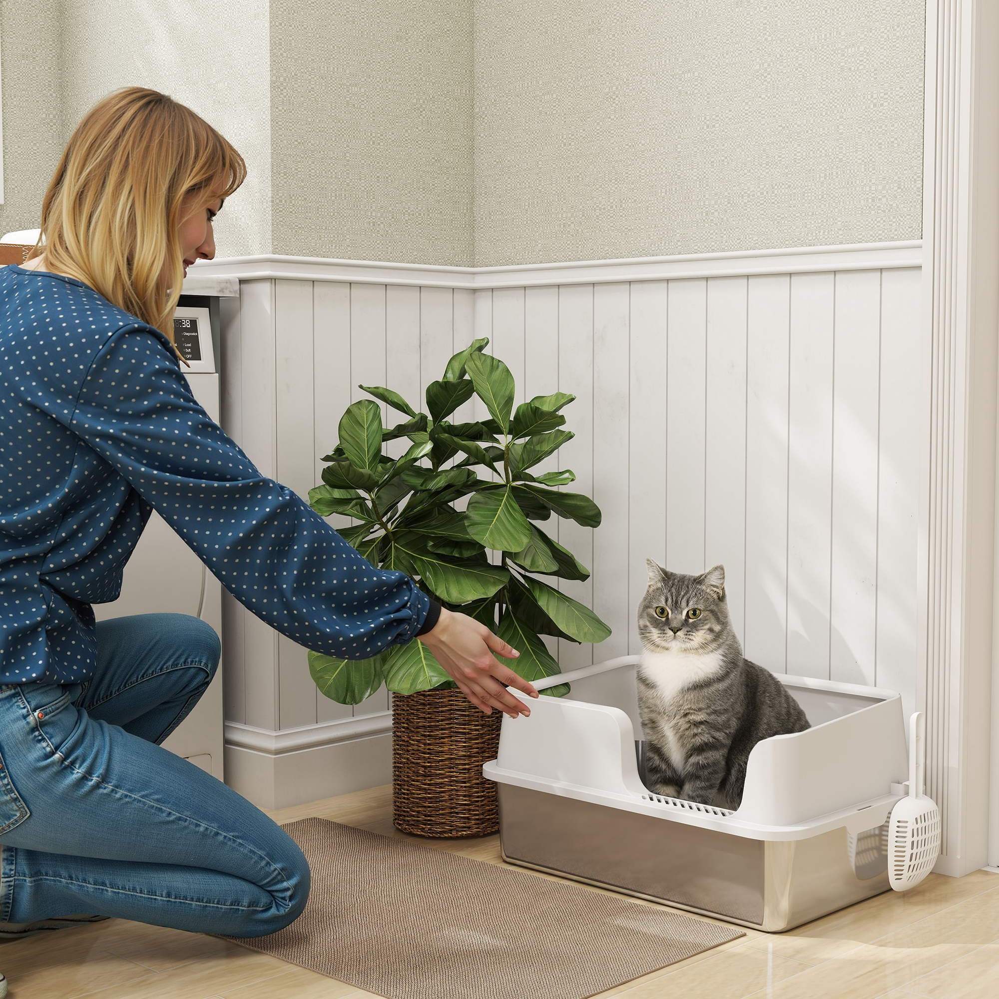 Una mujer se arrodilla junto a un gato atigrado gris en un arenero blanco, con una planta en maceta y pared blanca.