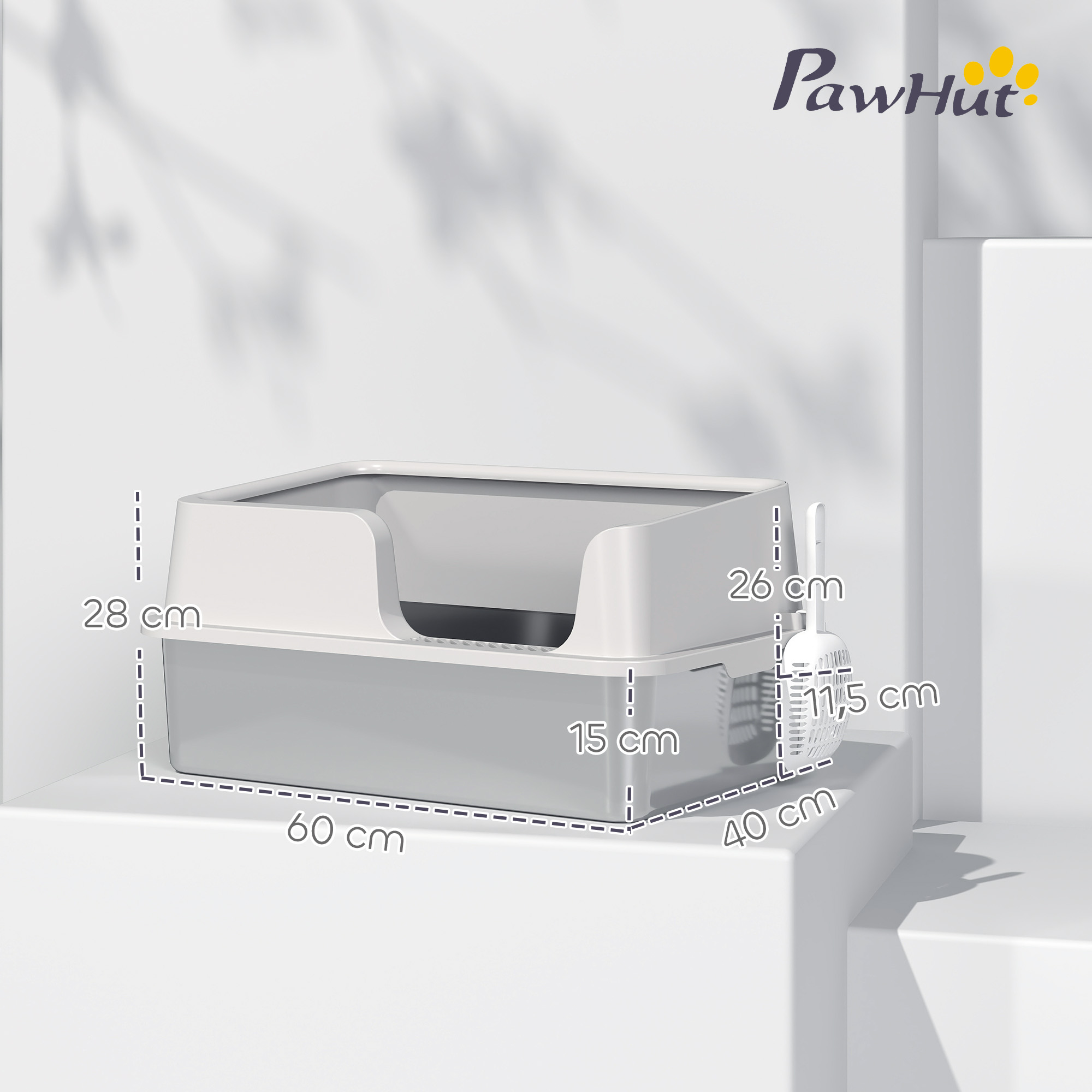 Arenero para gatos gris y blanco con dimensiones, pala y logo de PawHut.