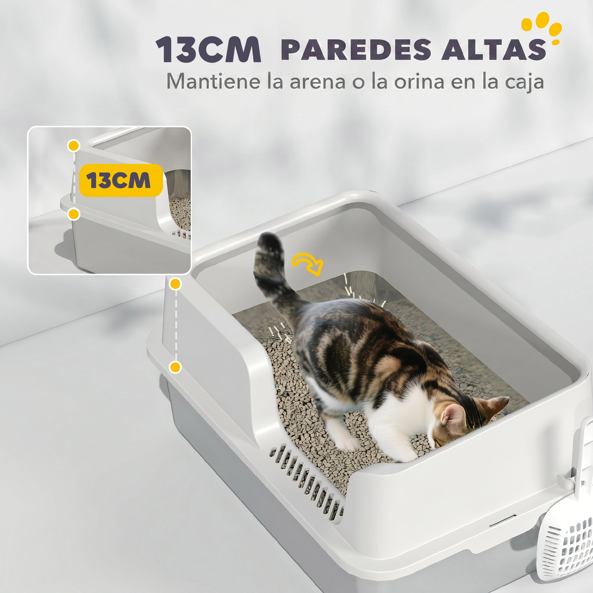 Un arenero para gatos blanco con paredes altas de 13 cm y un gato dentro.