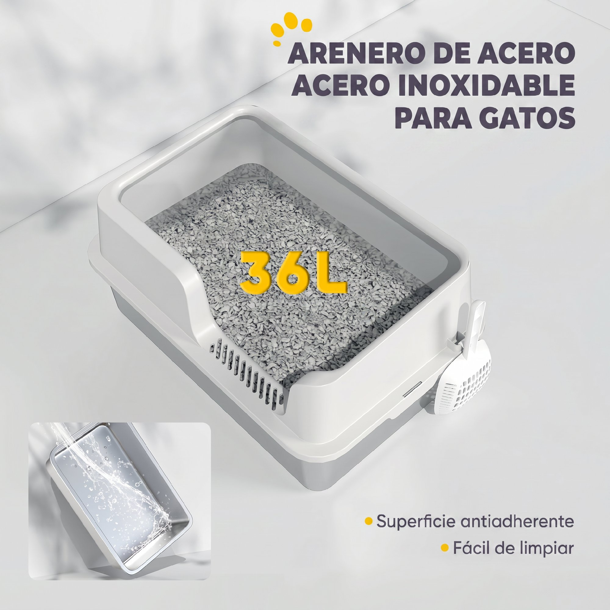 Arenero de acero inoxidable para gatos con capacidad de 36L, pala y superficie antiadherente fácil de limpiar.