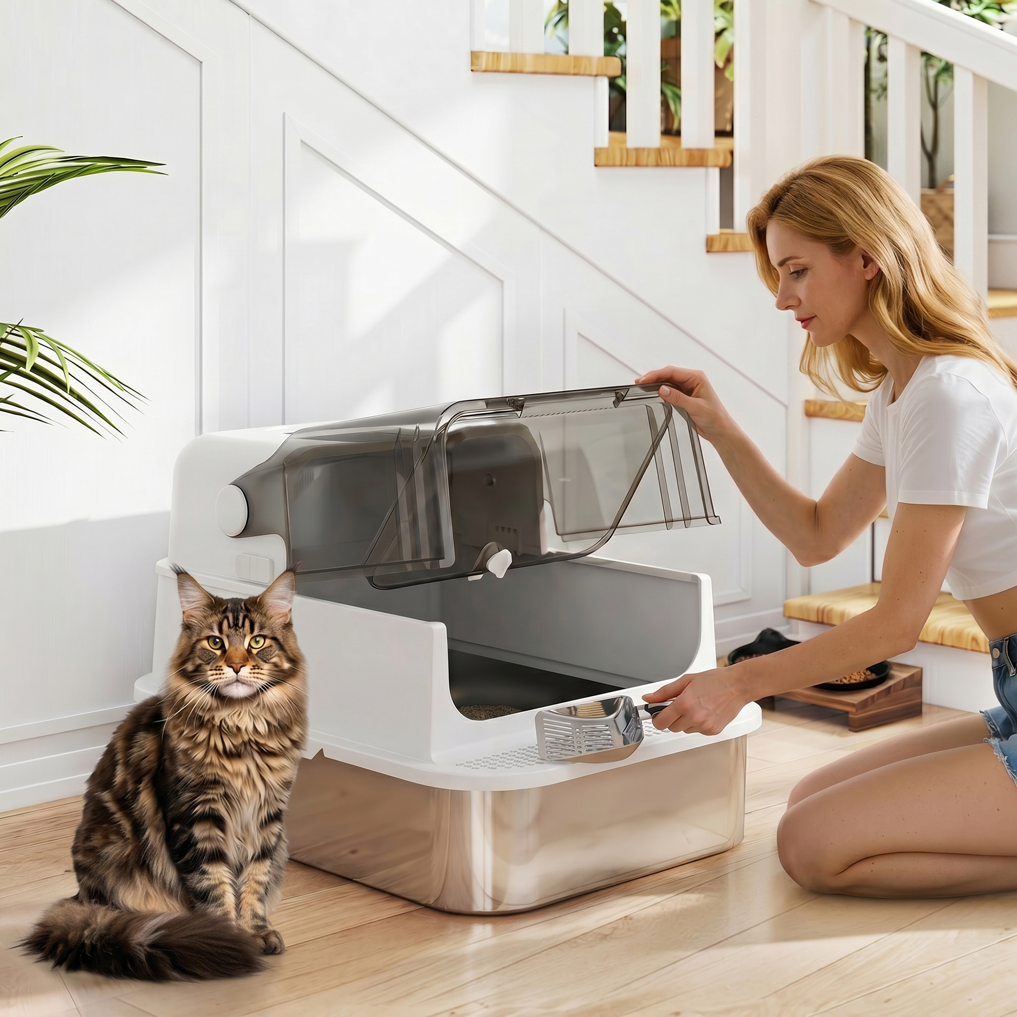 Una mujer abre un arenero moderno mientras un gato Maine Coon se sienta enfrente.
