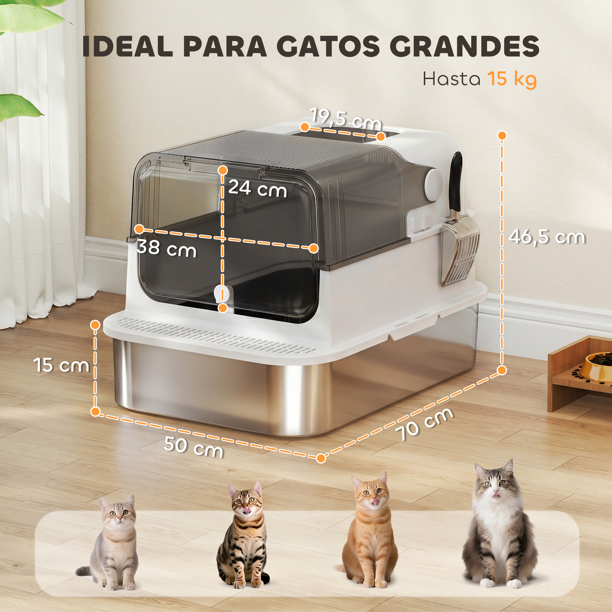 Arenero grande para gatos blanco con cúpula gris y medidas sobre suelo de madera con cuatro gatos.