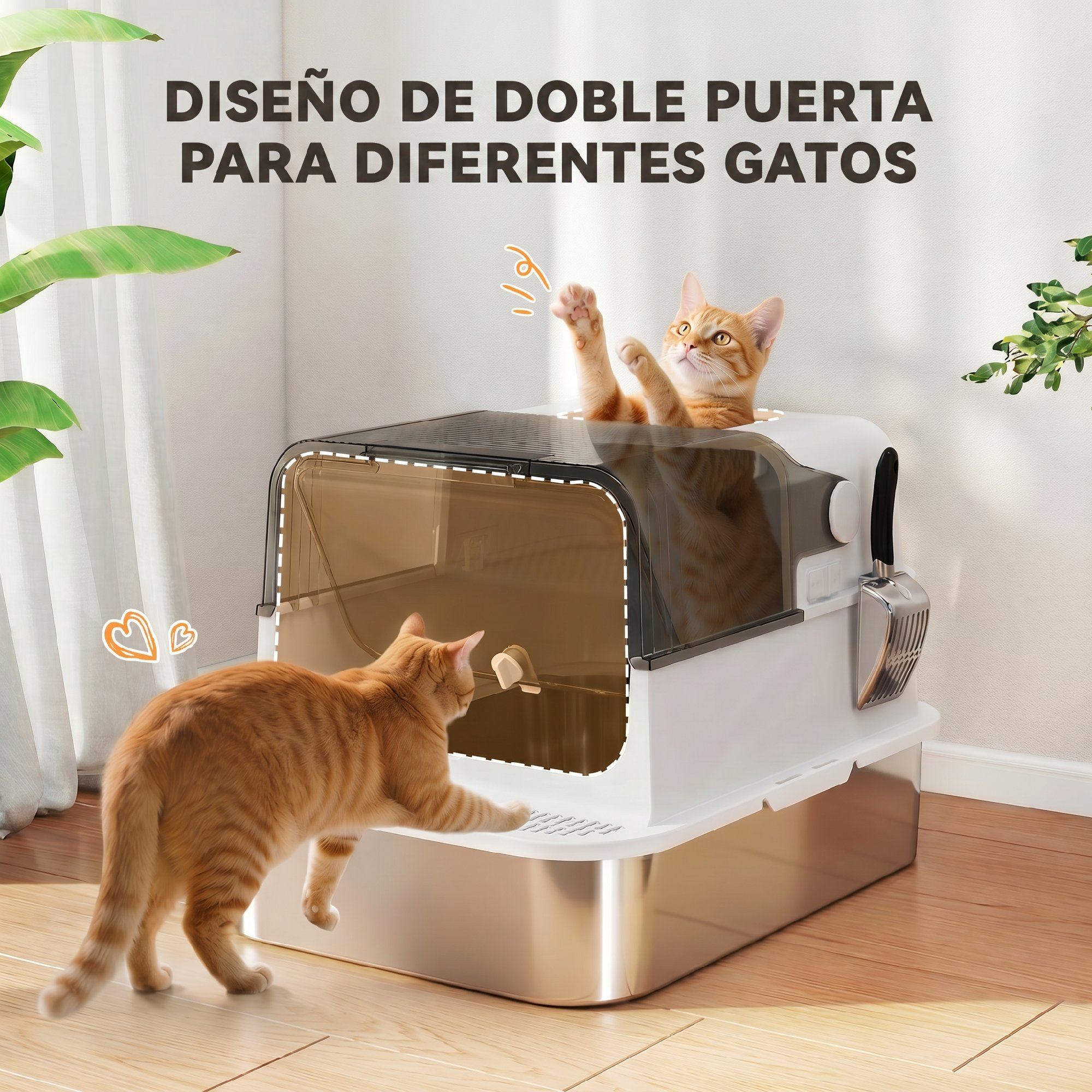 Dos gatos naranjas interactúan con un arenero cerrado blanco y marrón en interior.