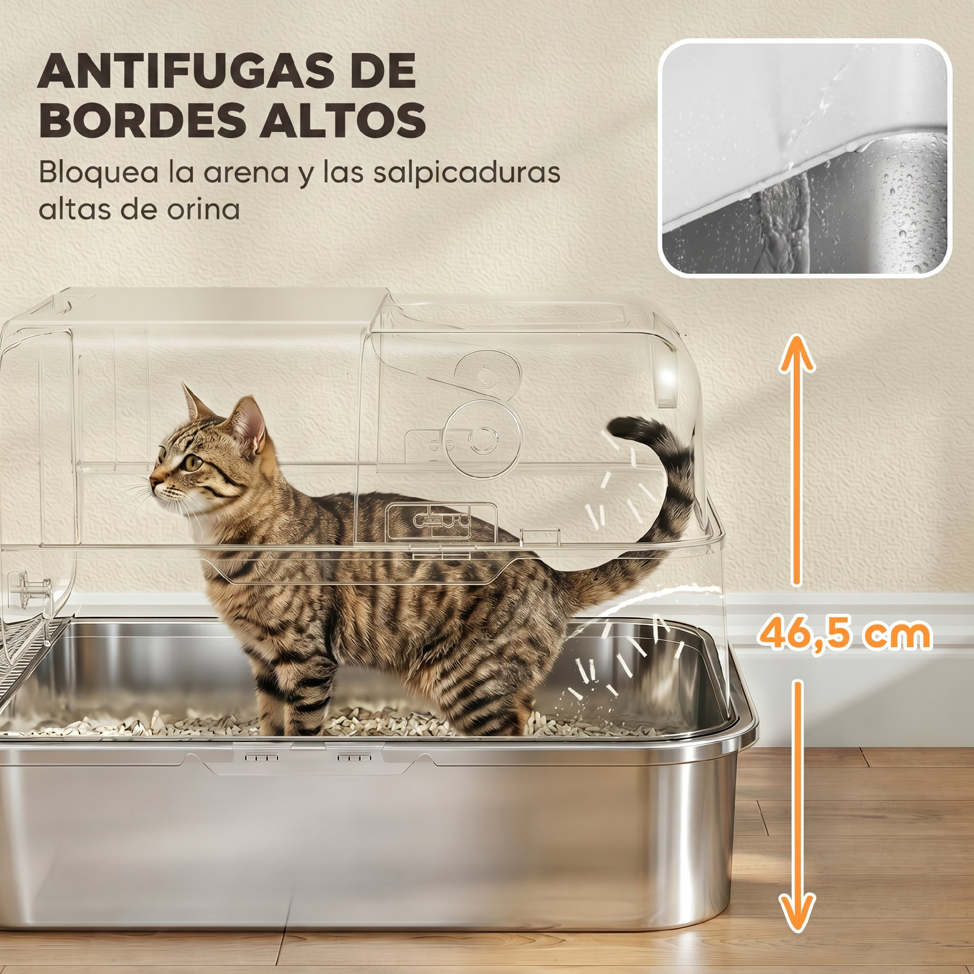 Un gato atigrado en un arenero de acero inoxidable de bordes altos con cubierta transparente, con una altura de 46,5 cm.