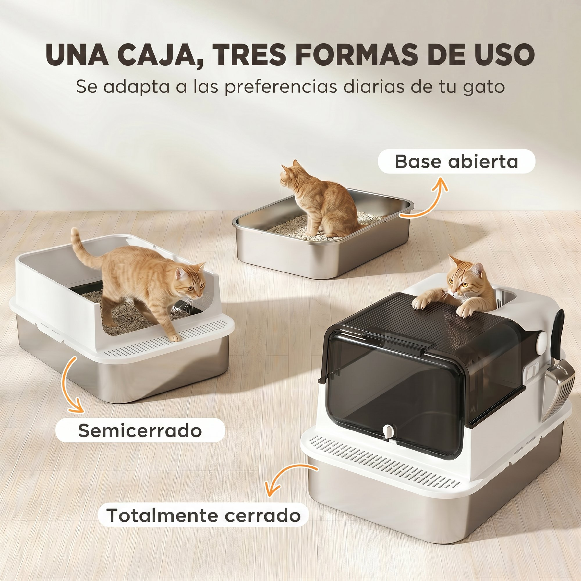 Una imagen que muestra tres configuraciones de un arenero para gatos de acero inoxidable: base abierta, semicerrado y cerrado.