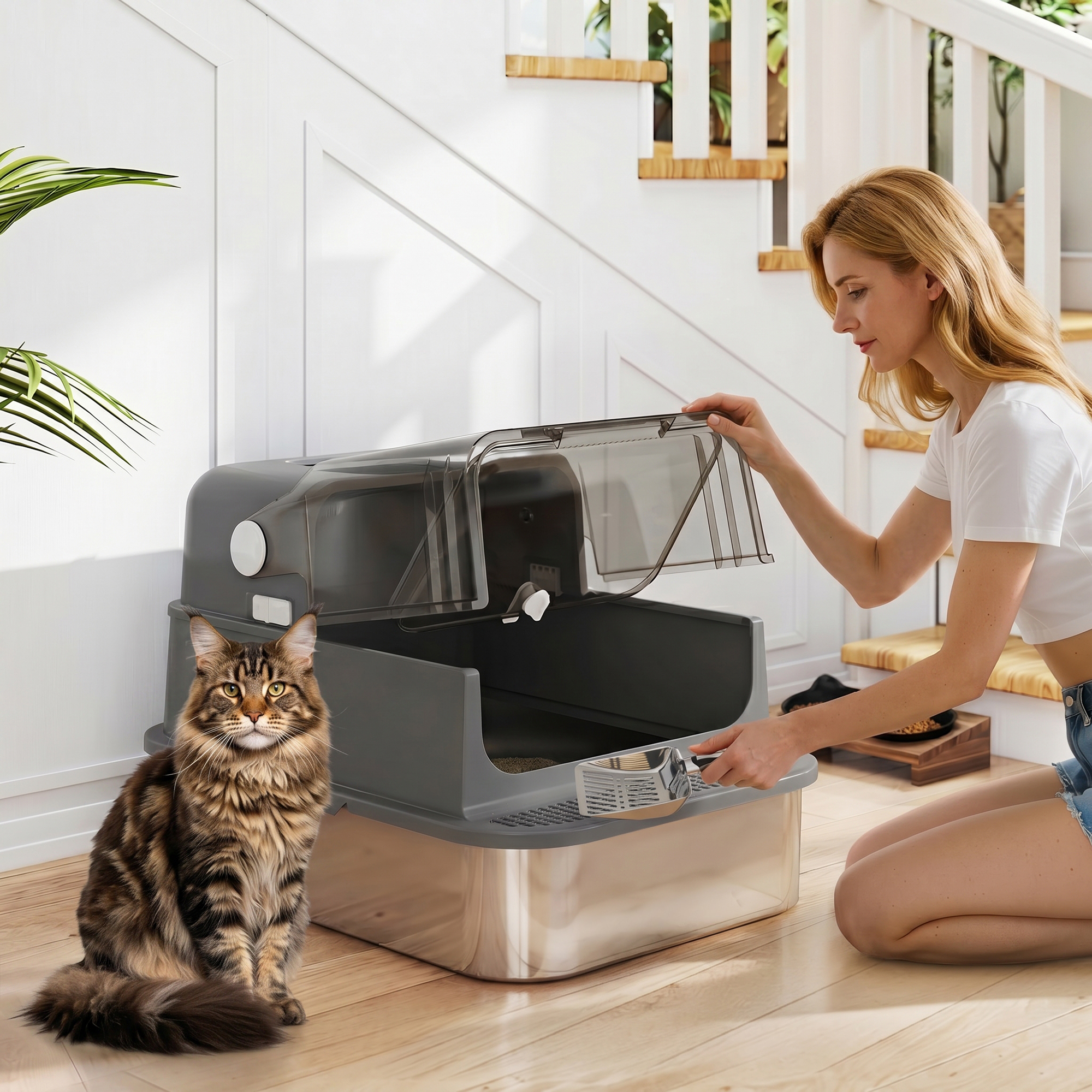 Una mujer se arrodilla junto a un arenero cerrado para gatos, sosteniendo una pala mientras un gato tabby se sienta cerca.