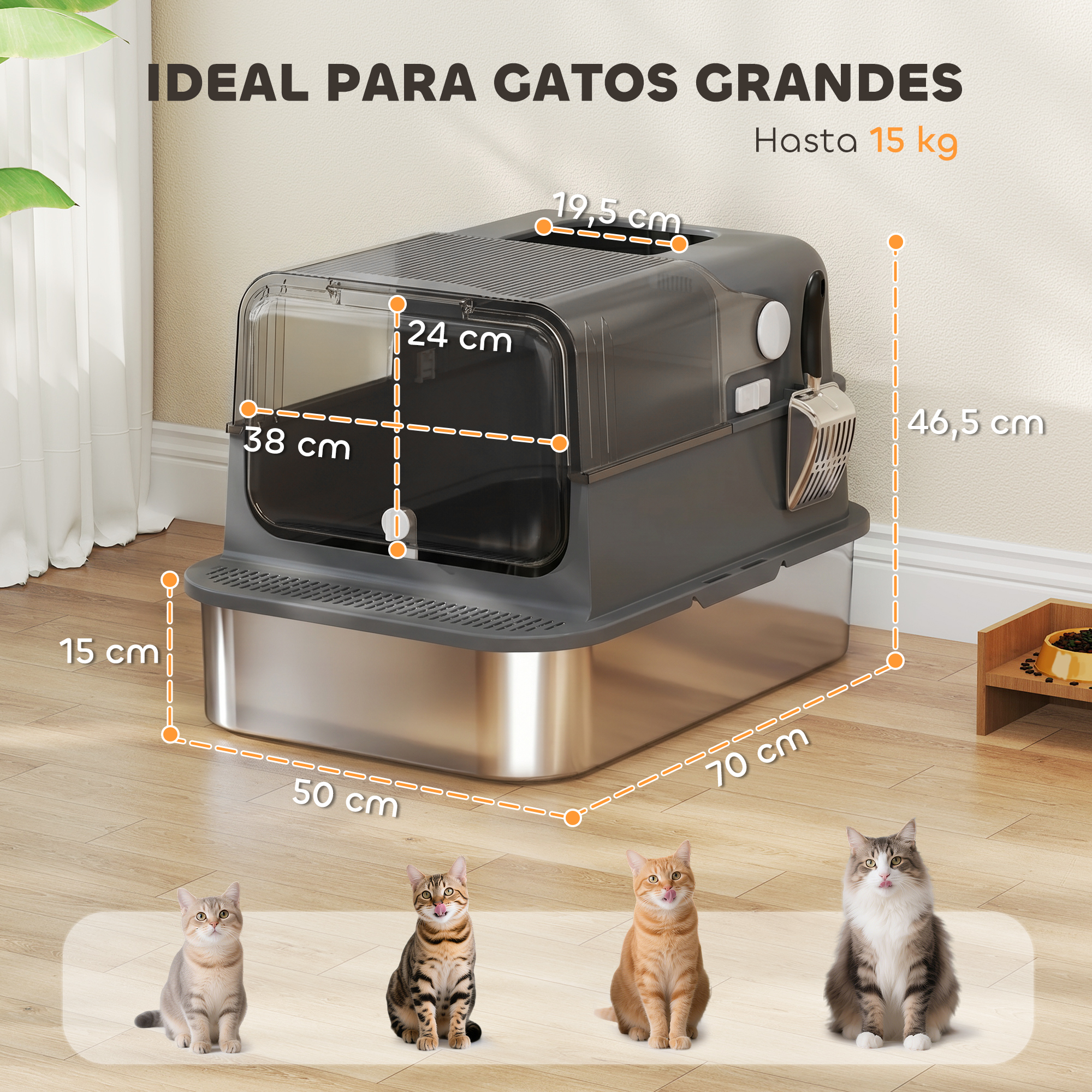 Arenero para gatos gris cerrado con base metálica y medidas en suelo de madera, cuatro gatos delante.