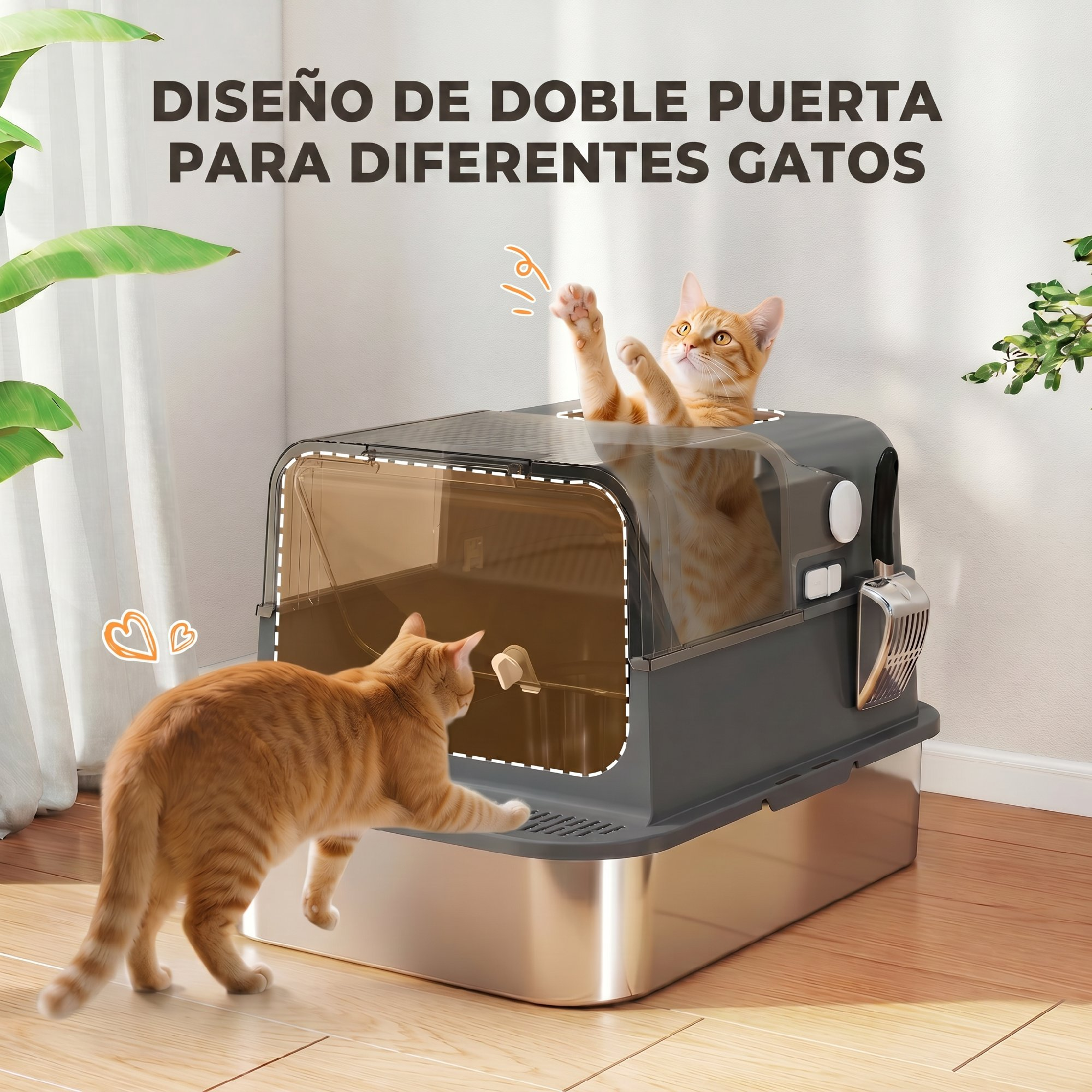 Dos gatos naranjas interactúan con un moderno arenero gris con puertas transparentes en una habitación.