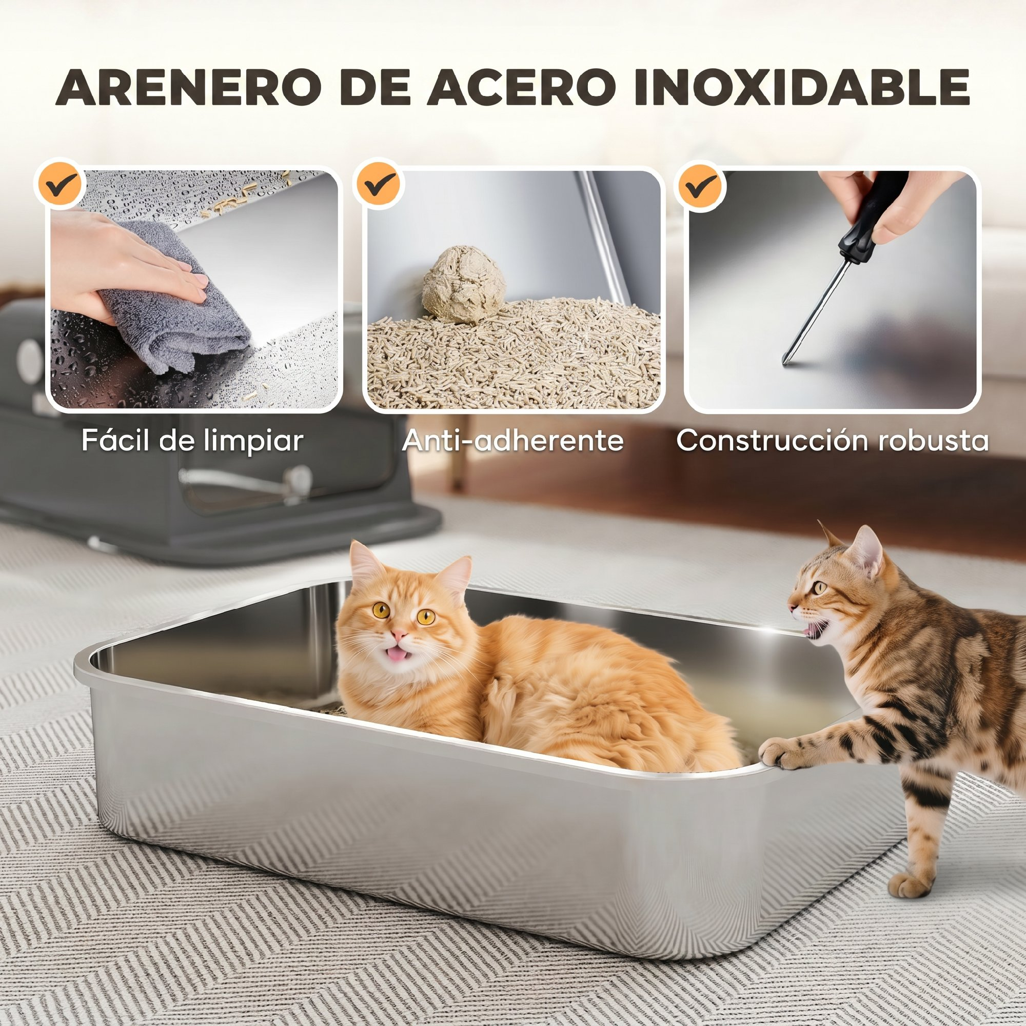 Dos gatos y un arenero de acero inoxidable con funciones de fácil limpieza, antiadherente y robusto.