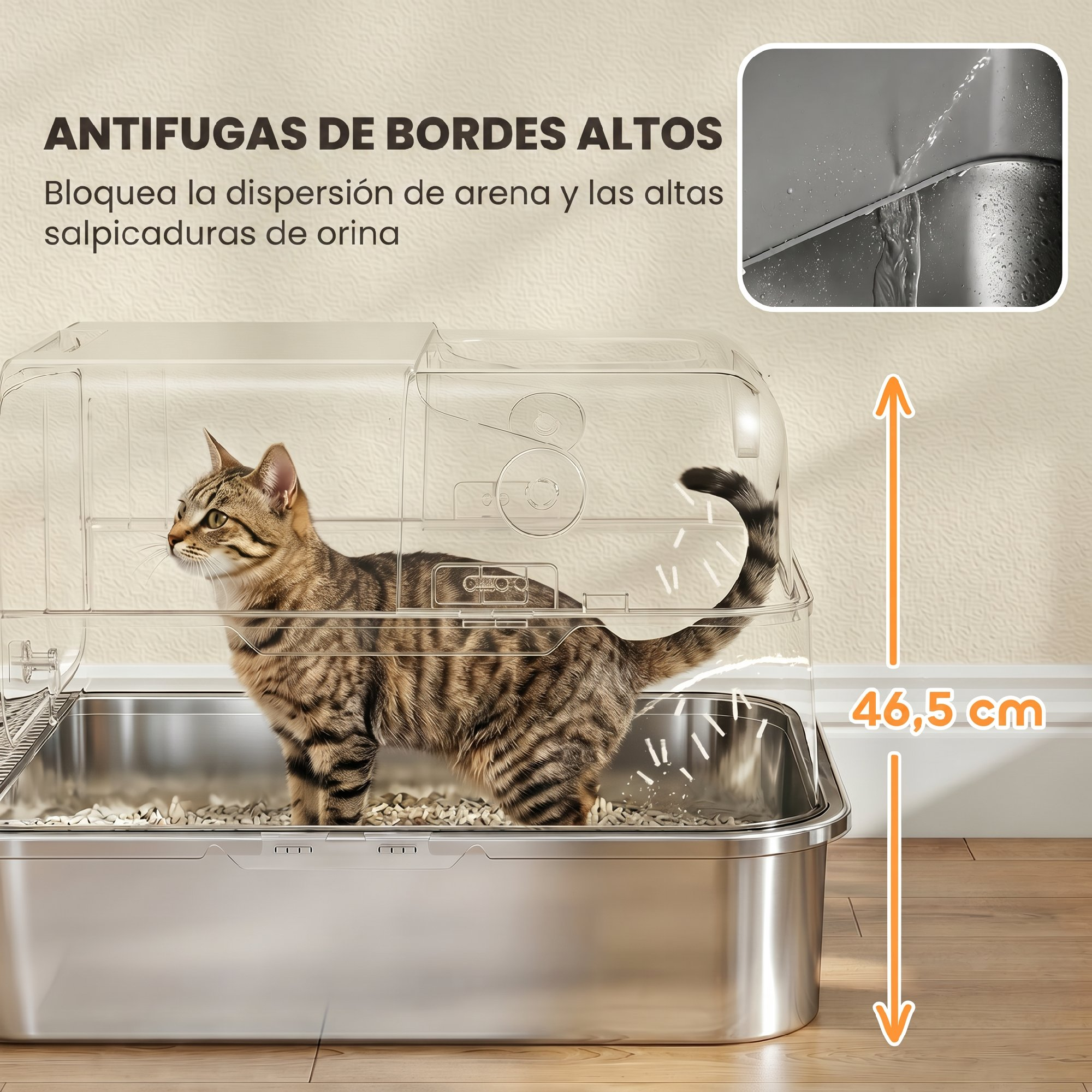 Un gato está dentro de una caja de arena de acero inoxidable con parte superior transparente.