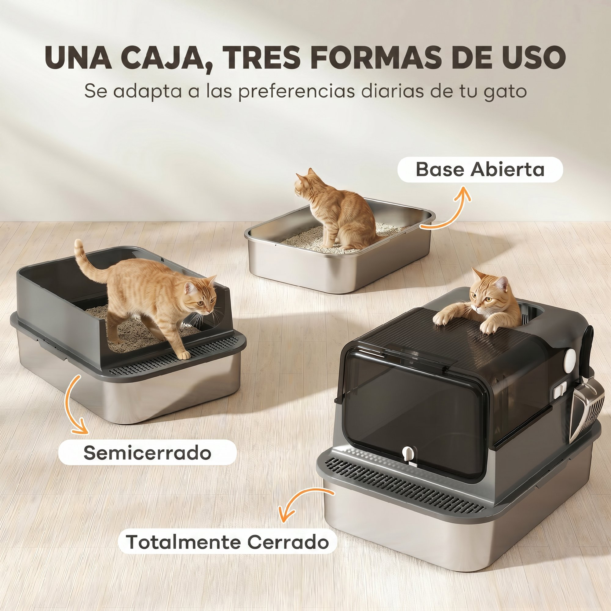 Tres areneros para gatos en el suelo muestran configuraciones abierta, semicerrada y totalmente cerrada.