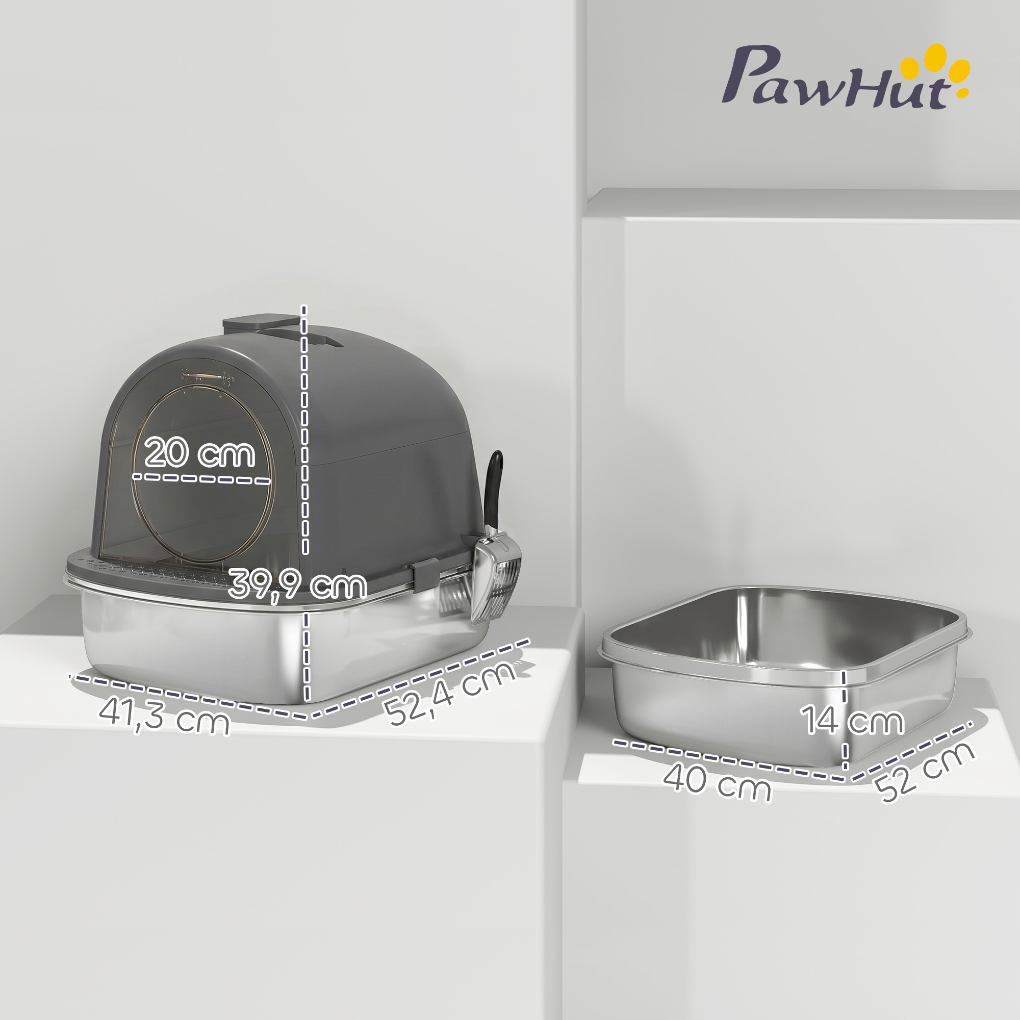 Caja de arena para gatos gris cubierta con cubeta de acero inoxidable y medidas.