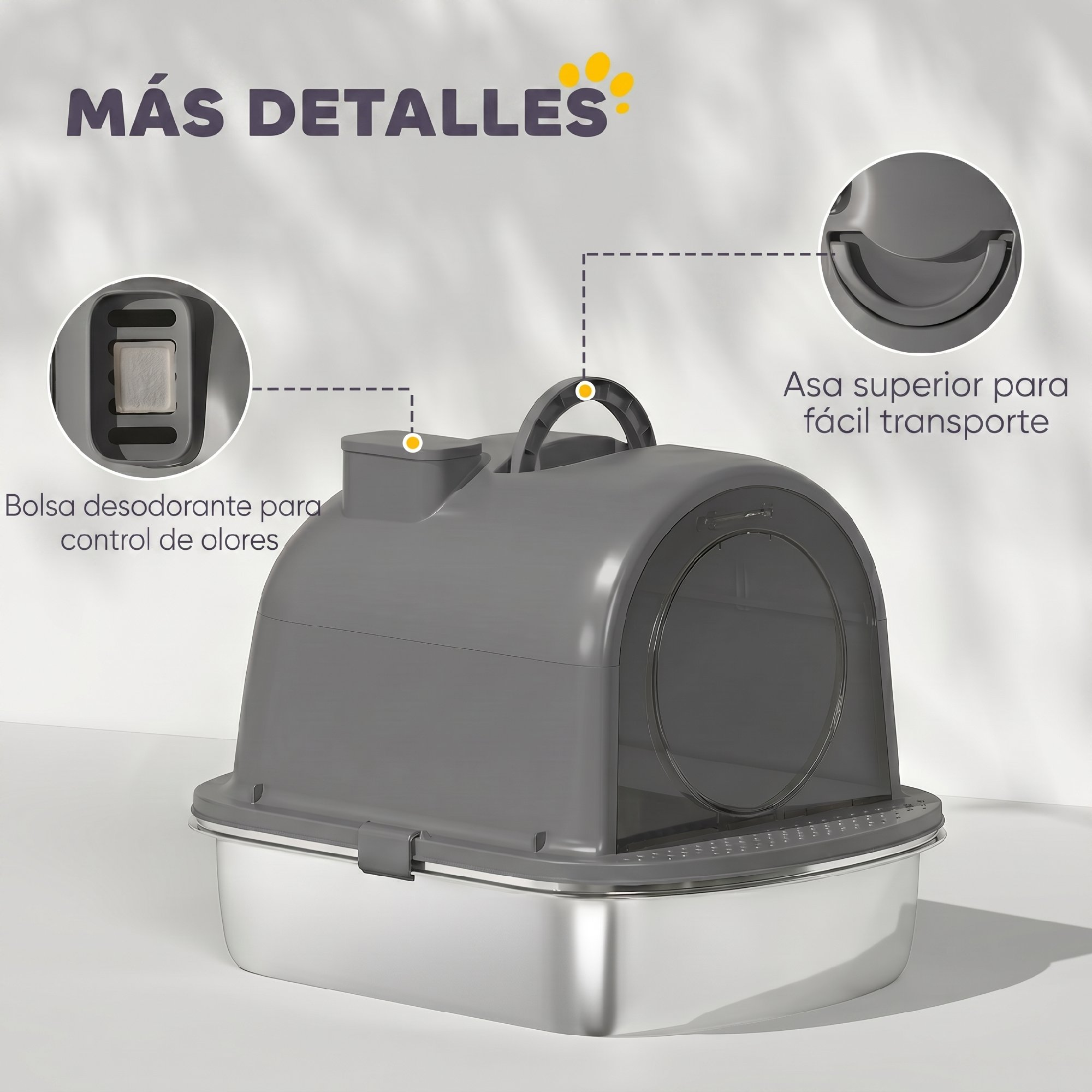 Caja de arena para gatos gris con recipiente de acero inoxidable, asa y bolsa desodorante.