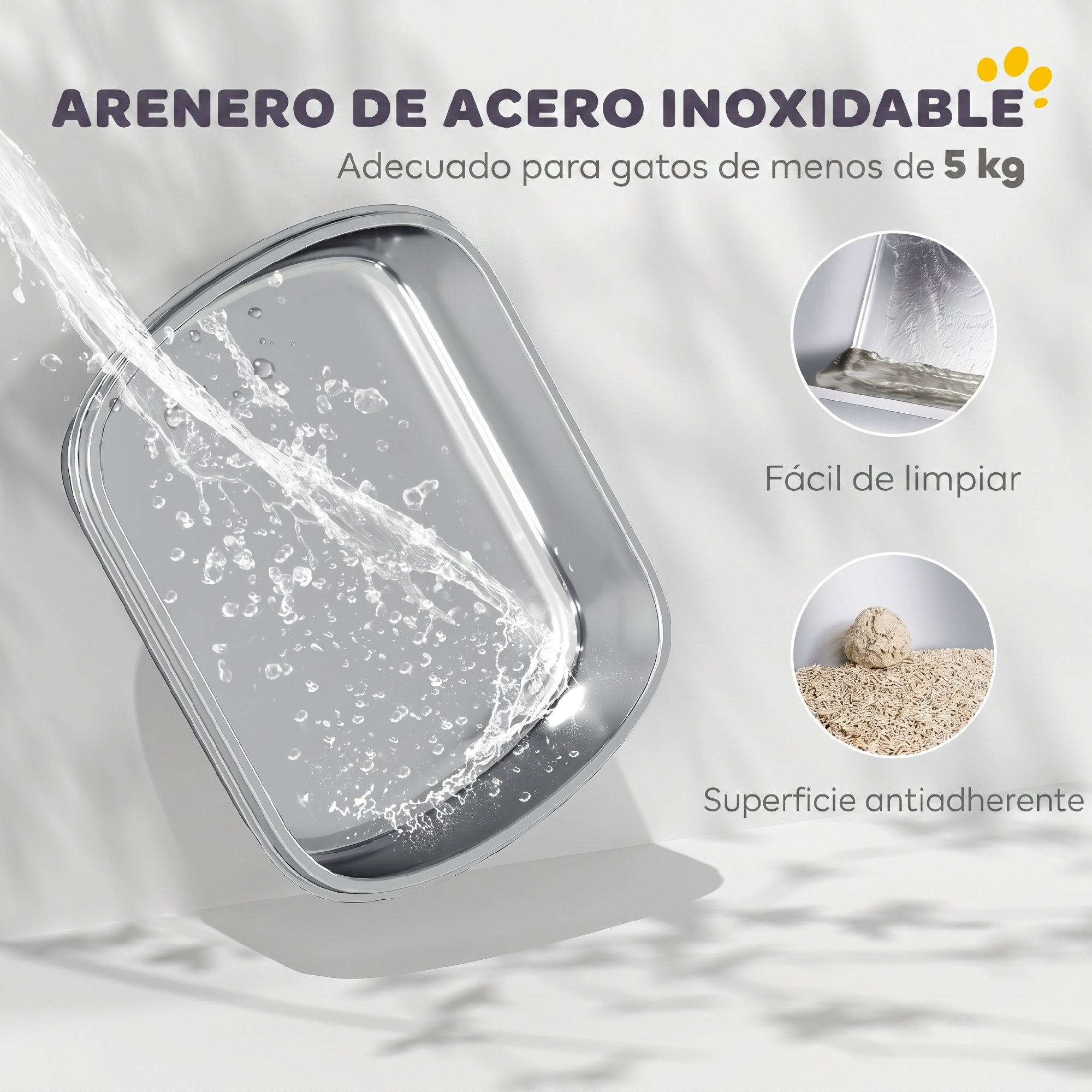Arenero de acero inoxidable con agua salpicando, fácil de limpiar y superficie antiadherente.