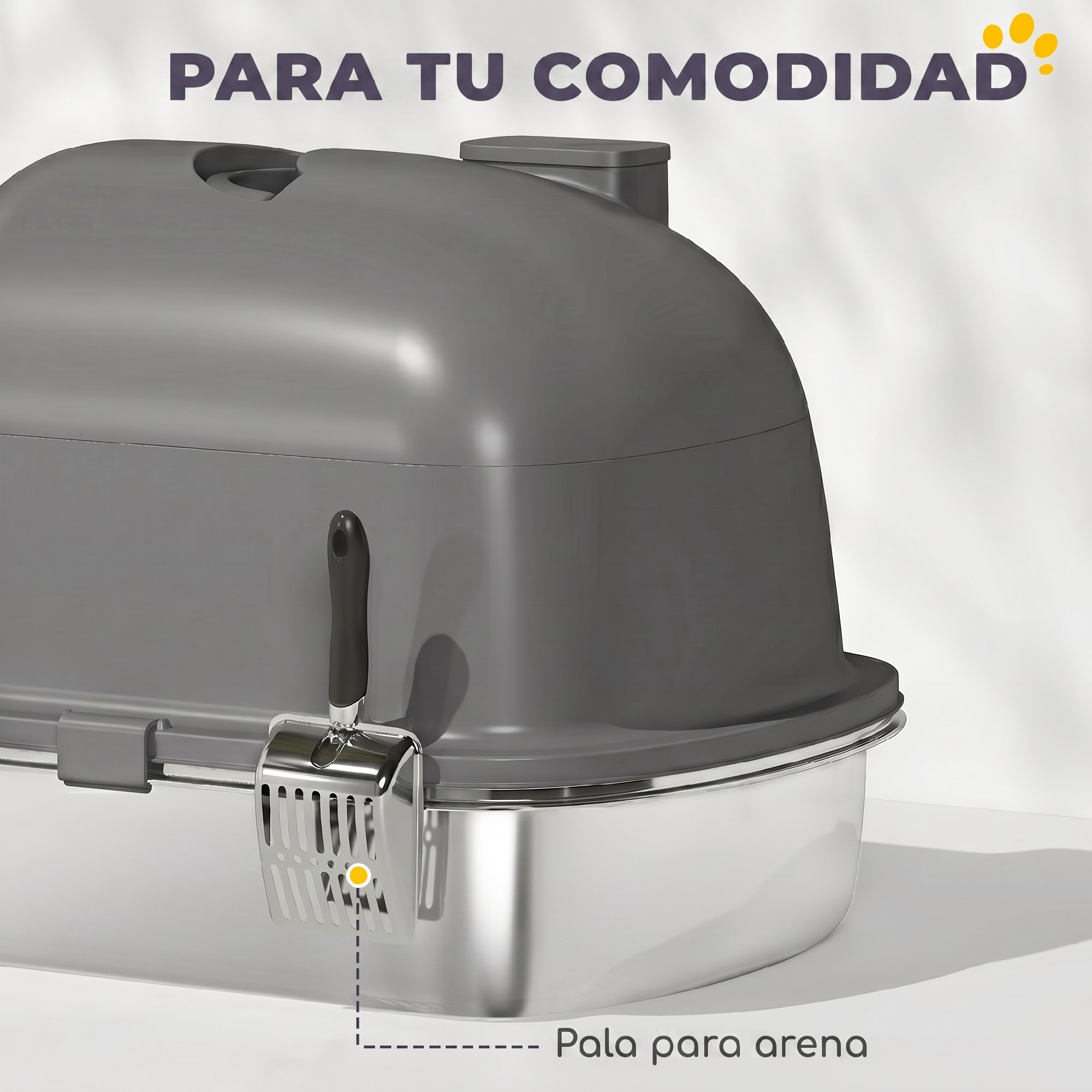 Un arenero para gatos gris con base plateada y pala colgante, con textos 'Para tu comodidad' y 'Pala para arena'.