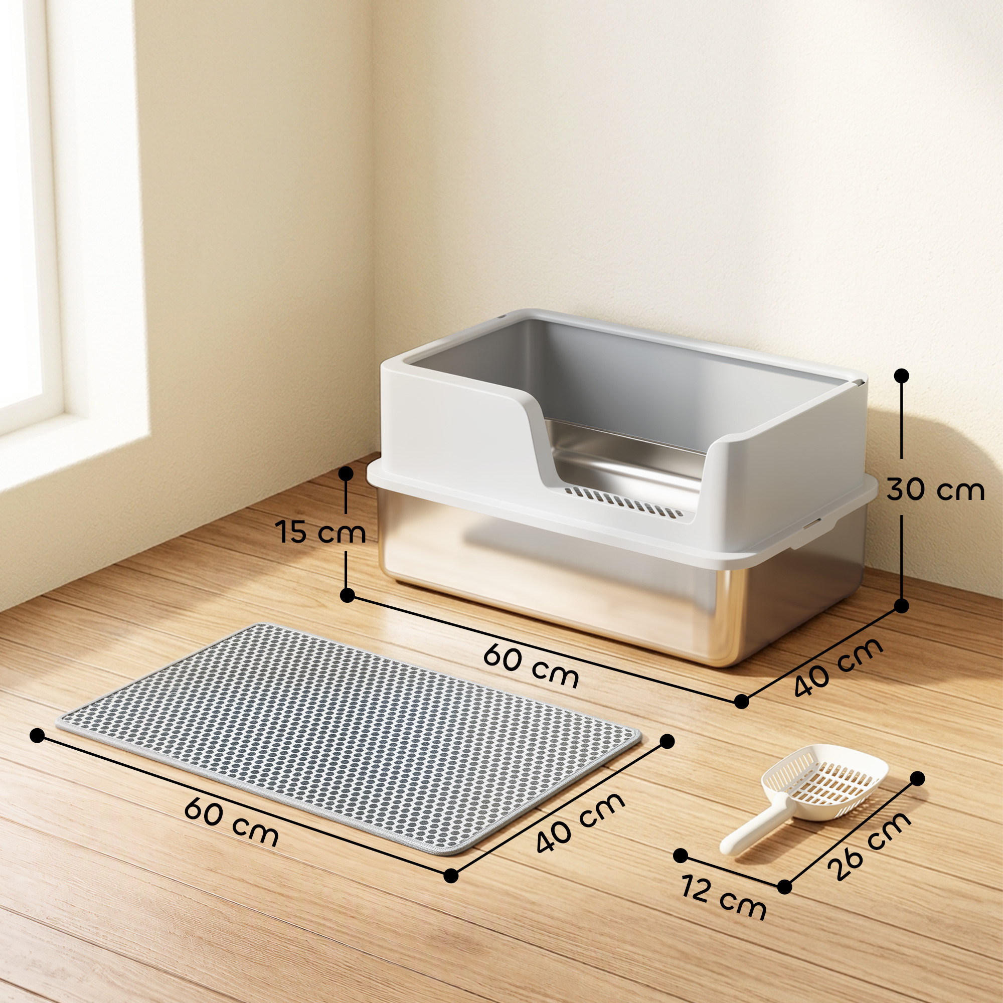 Arenero de acero inoxidable con borde gris, alfombrilla y pala, con dimensiones en suelo de madera.