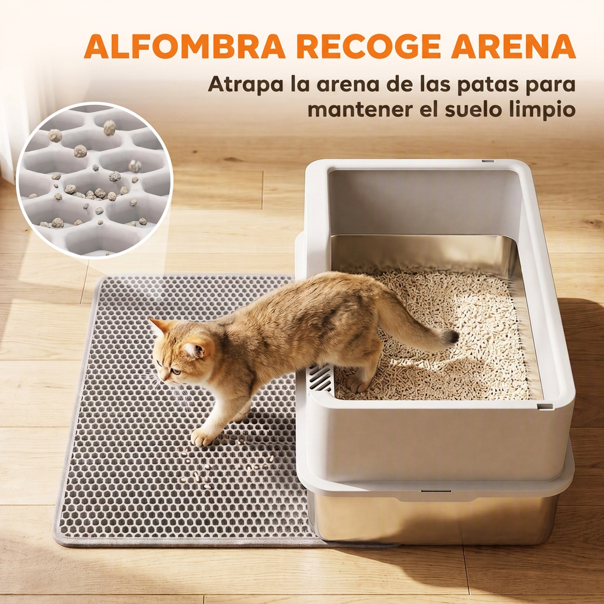 Un gato sale de un arenero hacia una alfombrilla gris de panal que atrapa la arena.