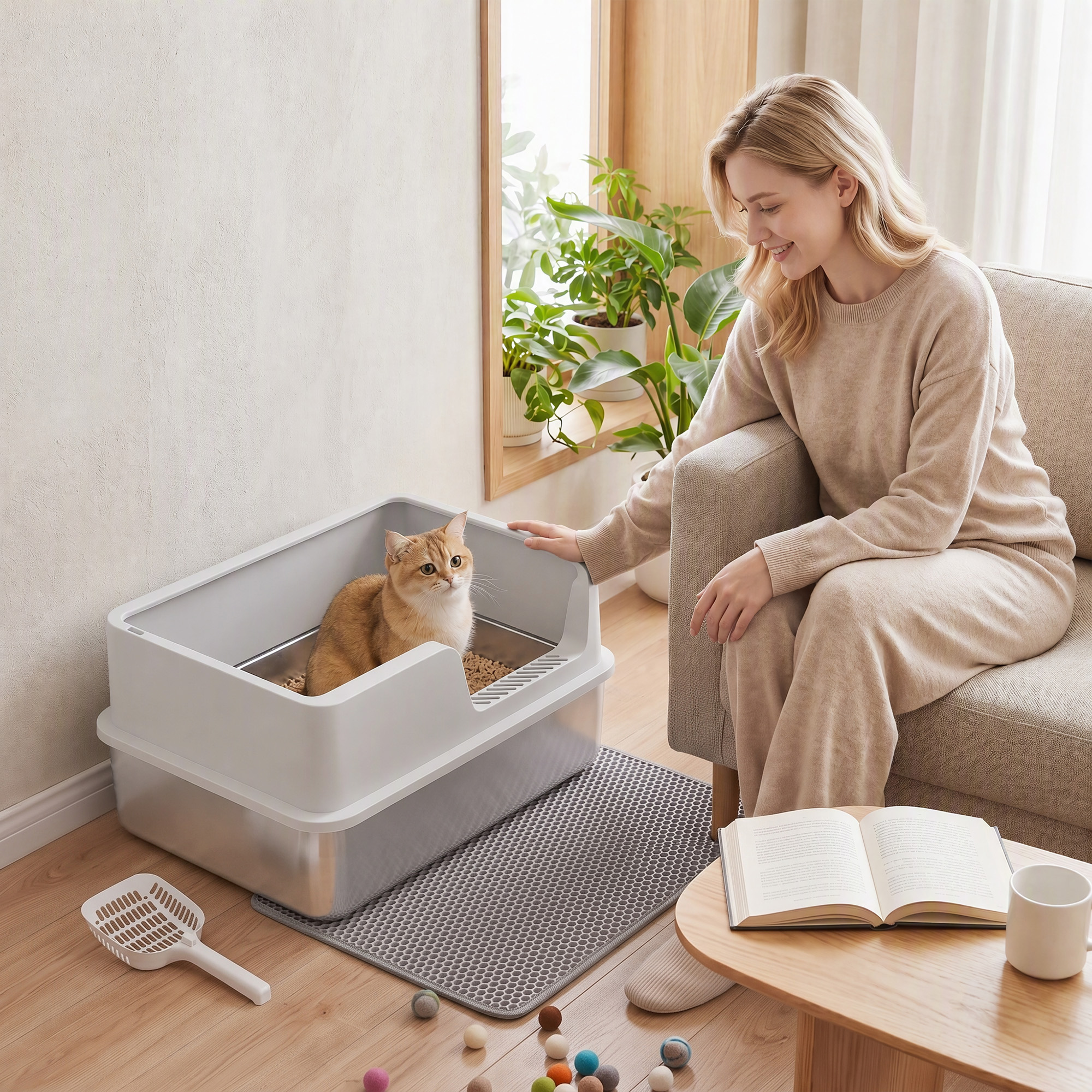 Una mujer sonriente está sentada en un sofá junto a un gato en una caja de arena.