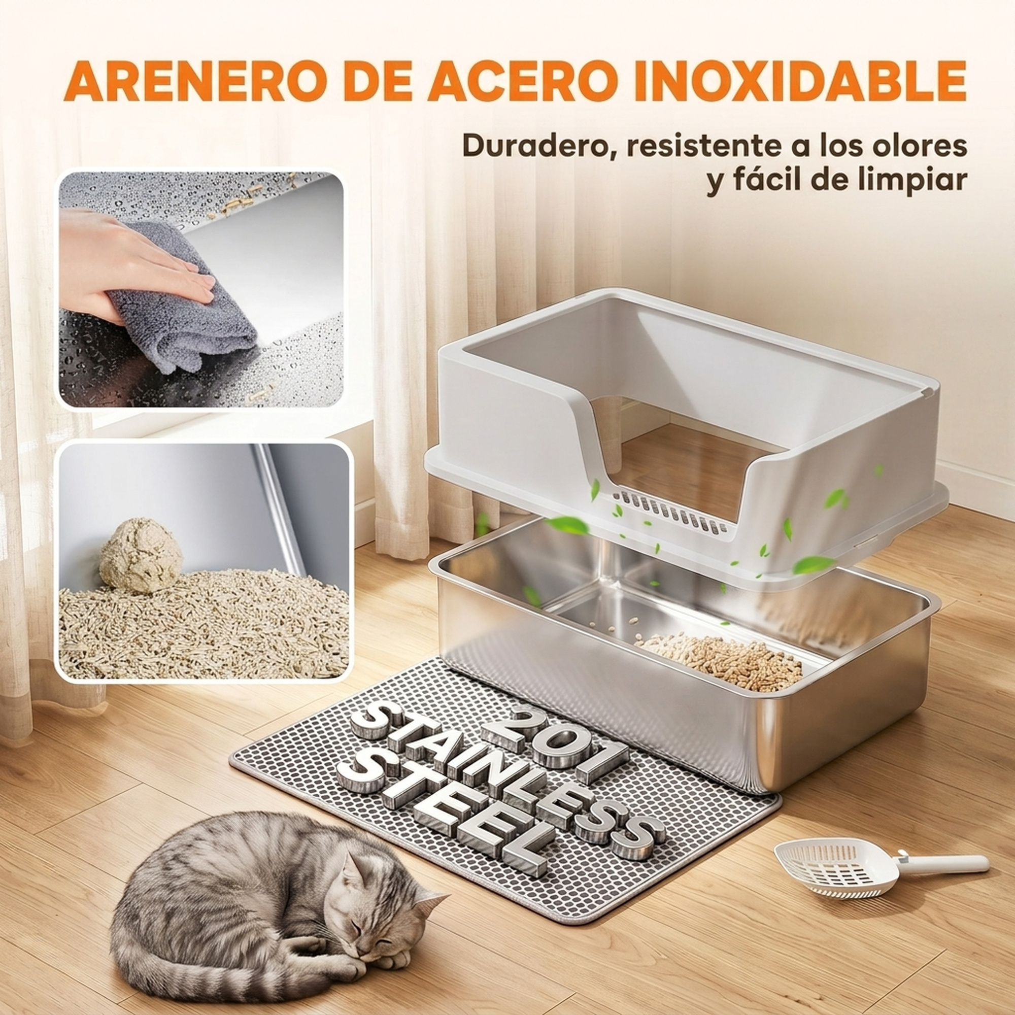Arenero de acero inoxidable con capucha gris, alfombrilla, pala y gato durmiendo.