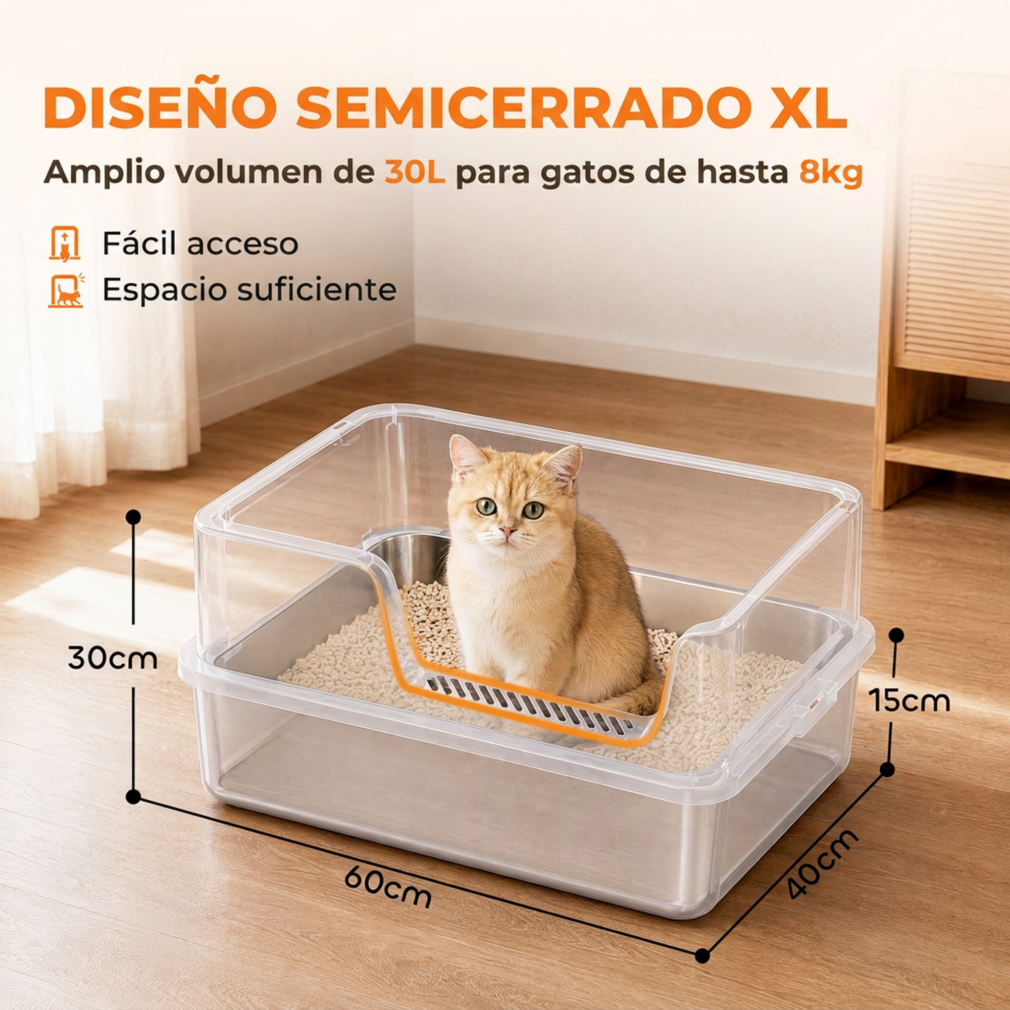 Un gato naranja se sienta en un arenero grande y transparente de 60x40x30 cm sobre un suelo de madera.