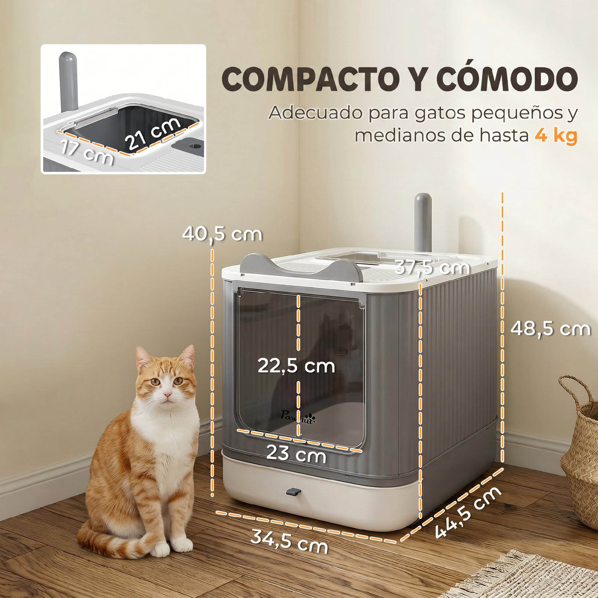 Un gato naranja se sienta junto a un arenero gris cerrado con medidas y texto en español en el fondo.