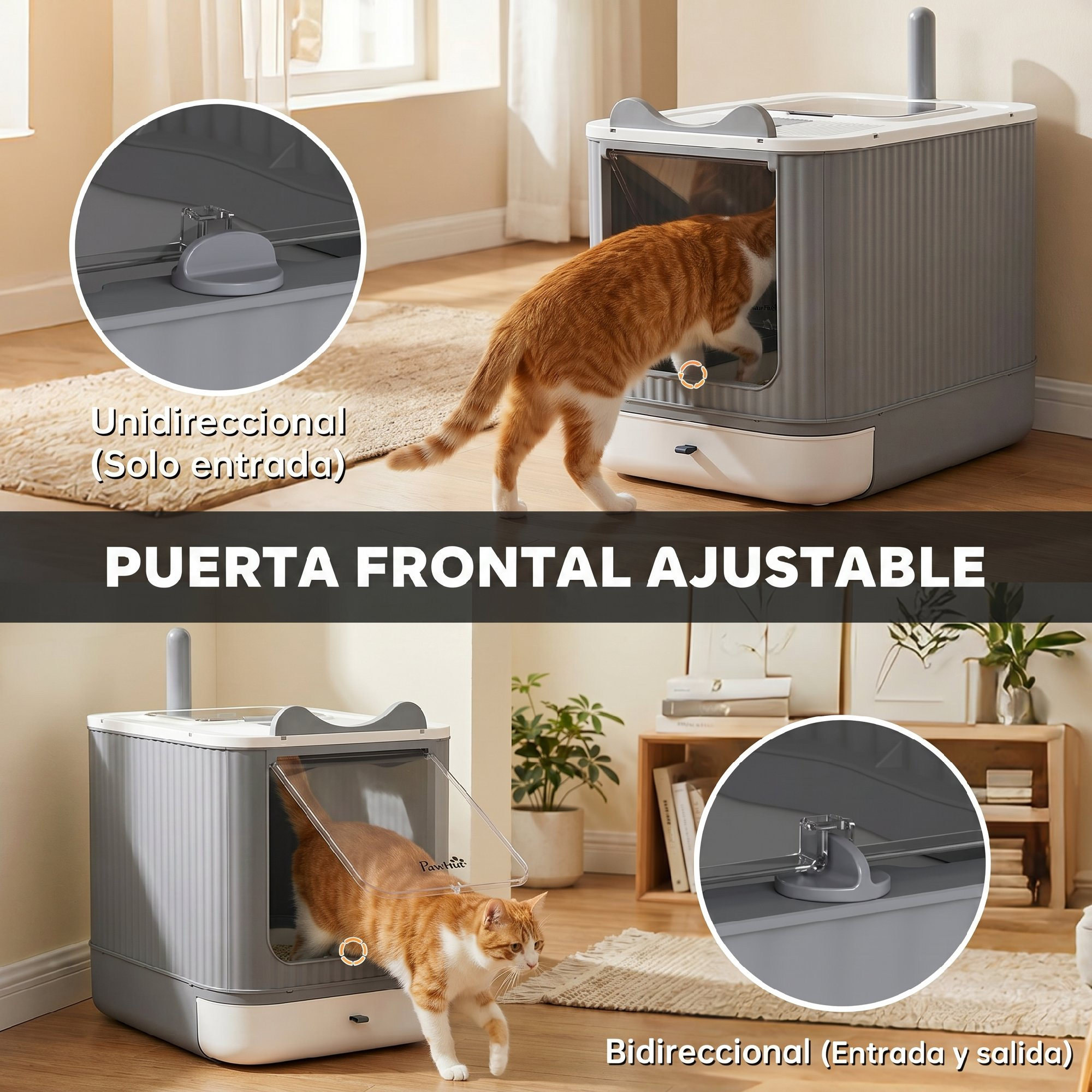 Un gato naranja entra y sale de un arenero gris con primeros planos del mecanismo.