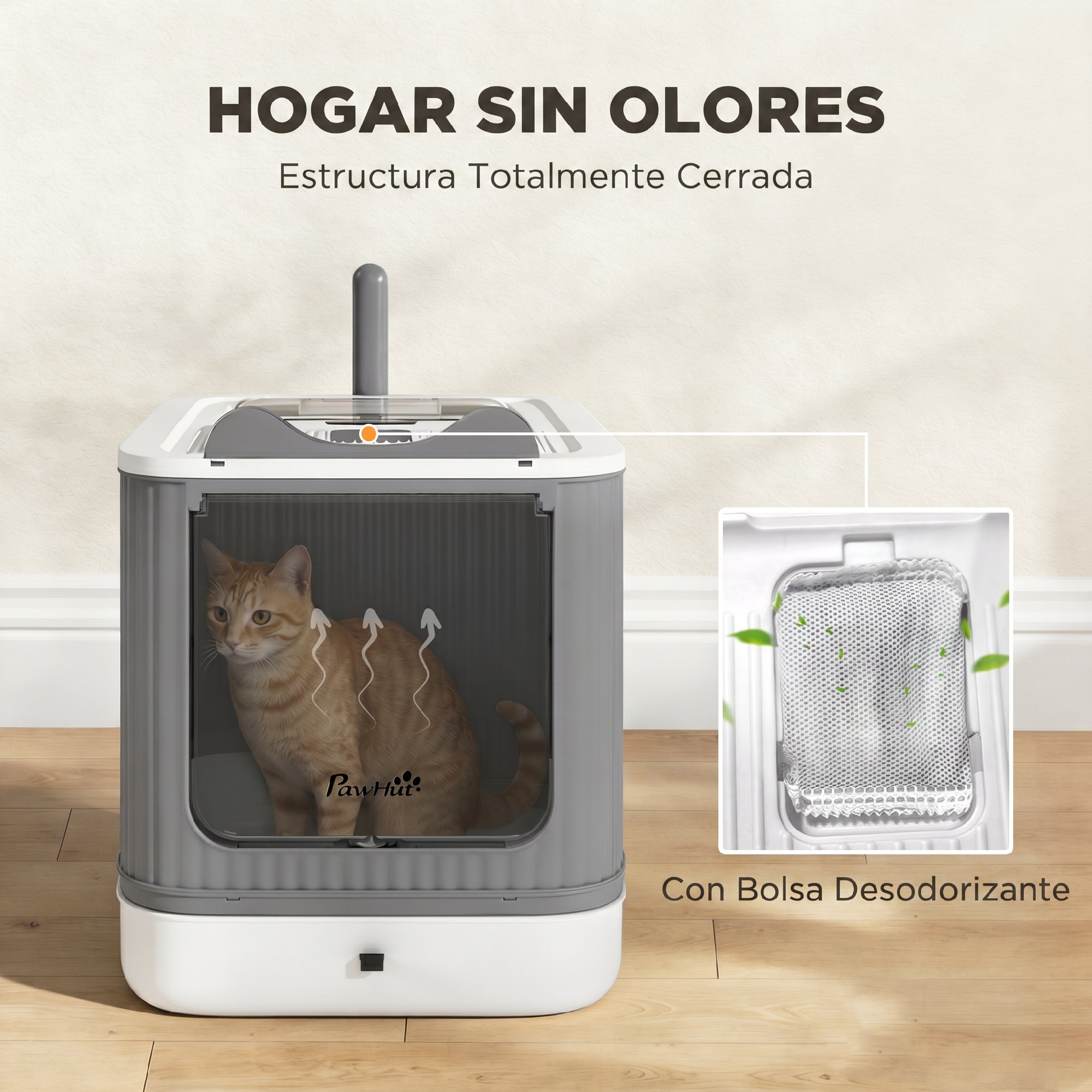 Caja de arena para gatos cerrada en gris y blanco con un gato tabby naranja y filtro desodorizante.