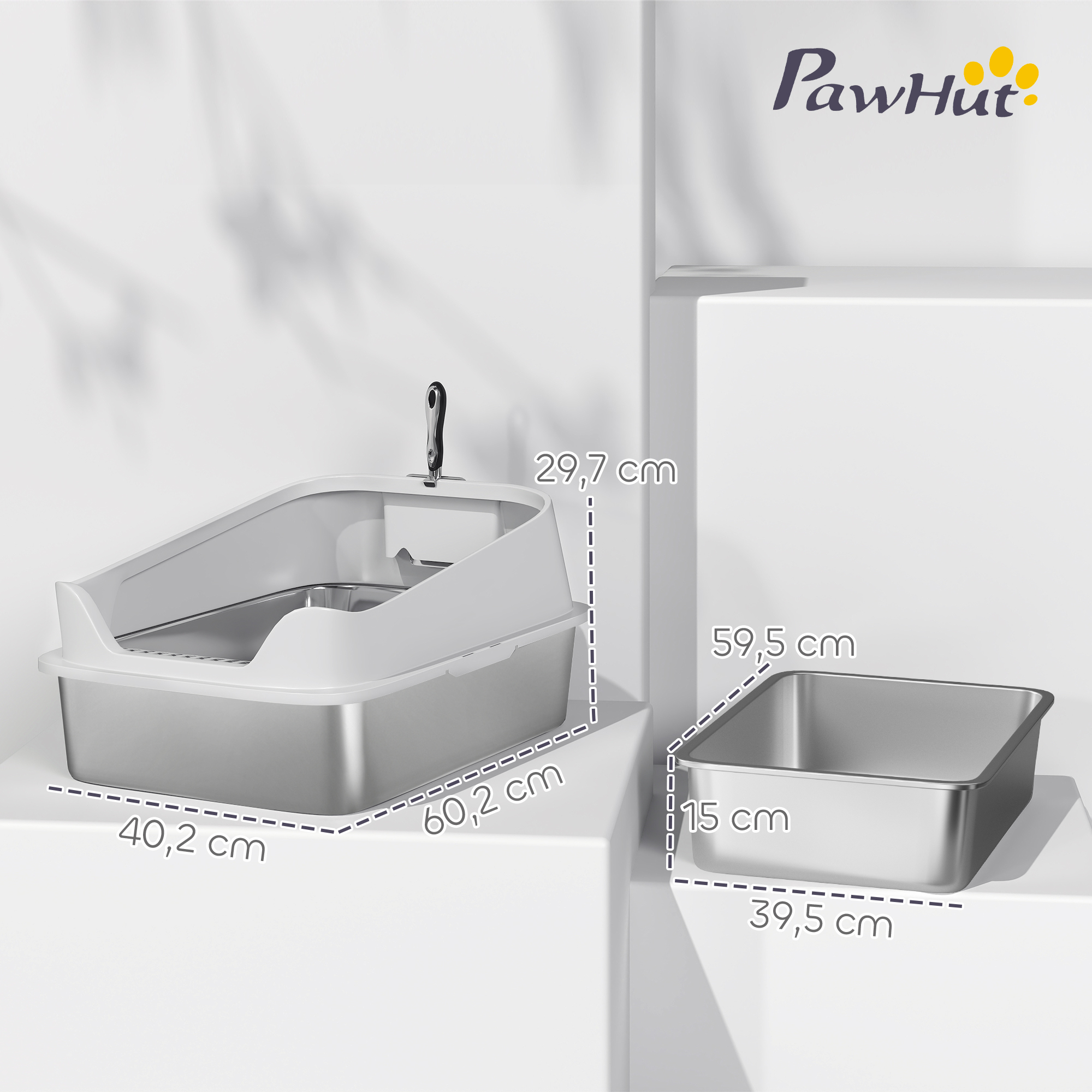 Caja de arena para gatos de acero inoxidable PawHut gris con medidas.