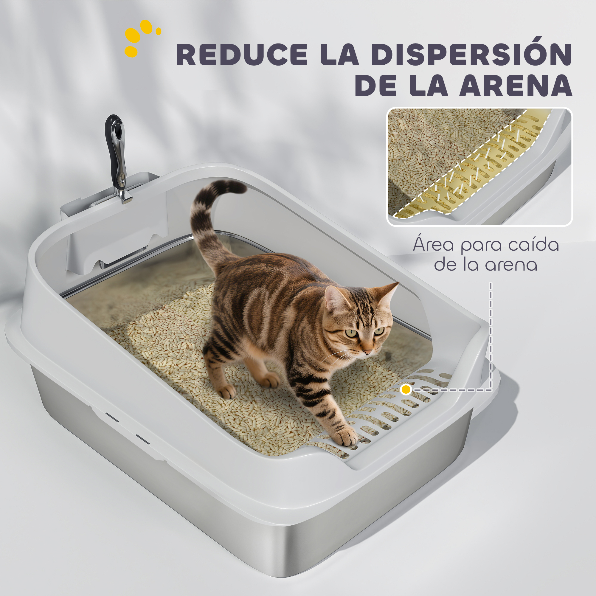 Un gato atigrado sale de un gran arenero blanco lleno de pellets, con un primer plano de la zona de caída.