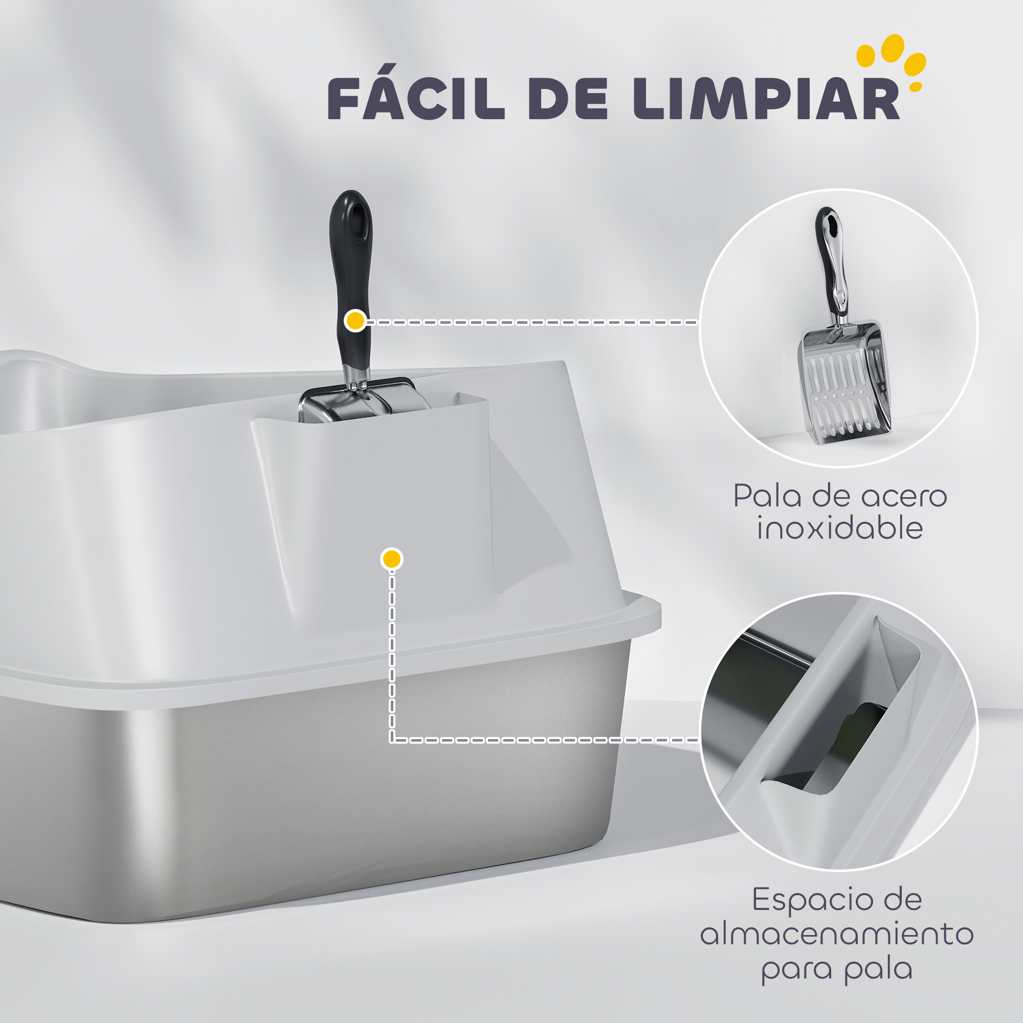 Arenero para gatos de acero inoxidable con soporte para pala incluida.